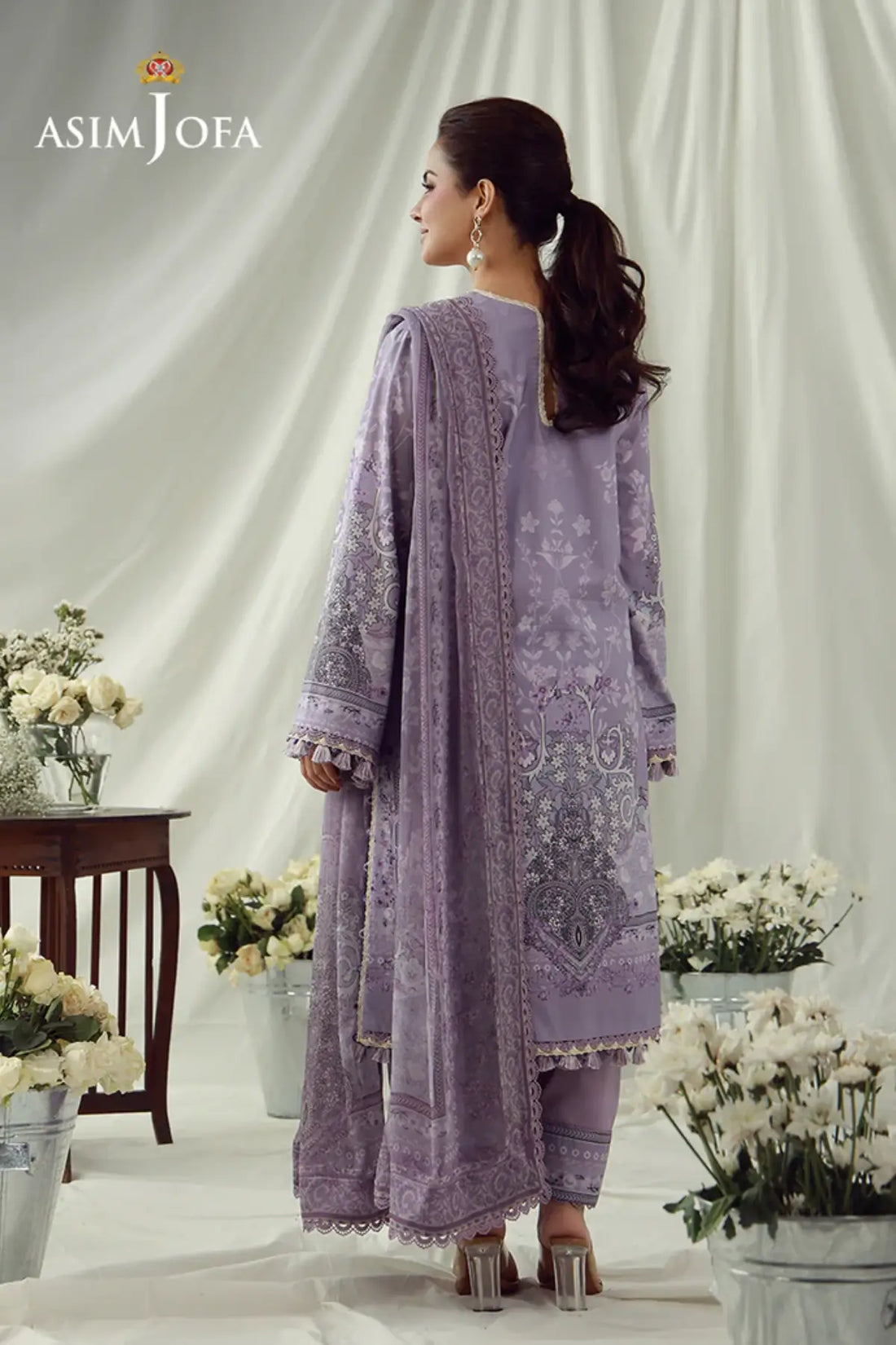 AJUBEP-08 Asim Jofa Lilac Premium Cambric Stitched 3PC Suit with printed shirt, chiffon dupatta and cambric trousers for women.