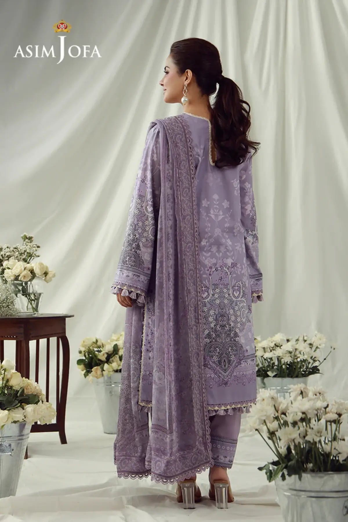 AJUBEP-08 Asim Jofa Lilac Premium Cambric Stitched 3PC Suit with printed shirt, chiffon dupatta and cambric trousers for women.