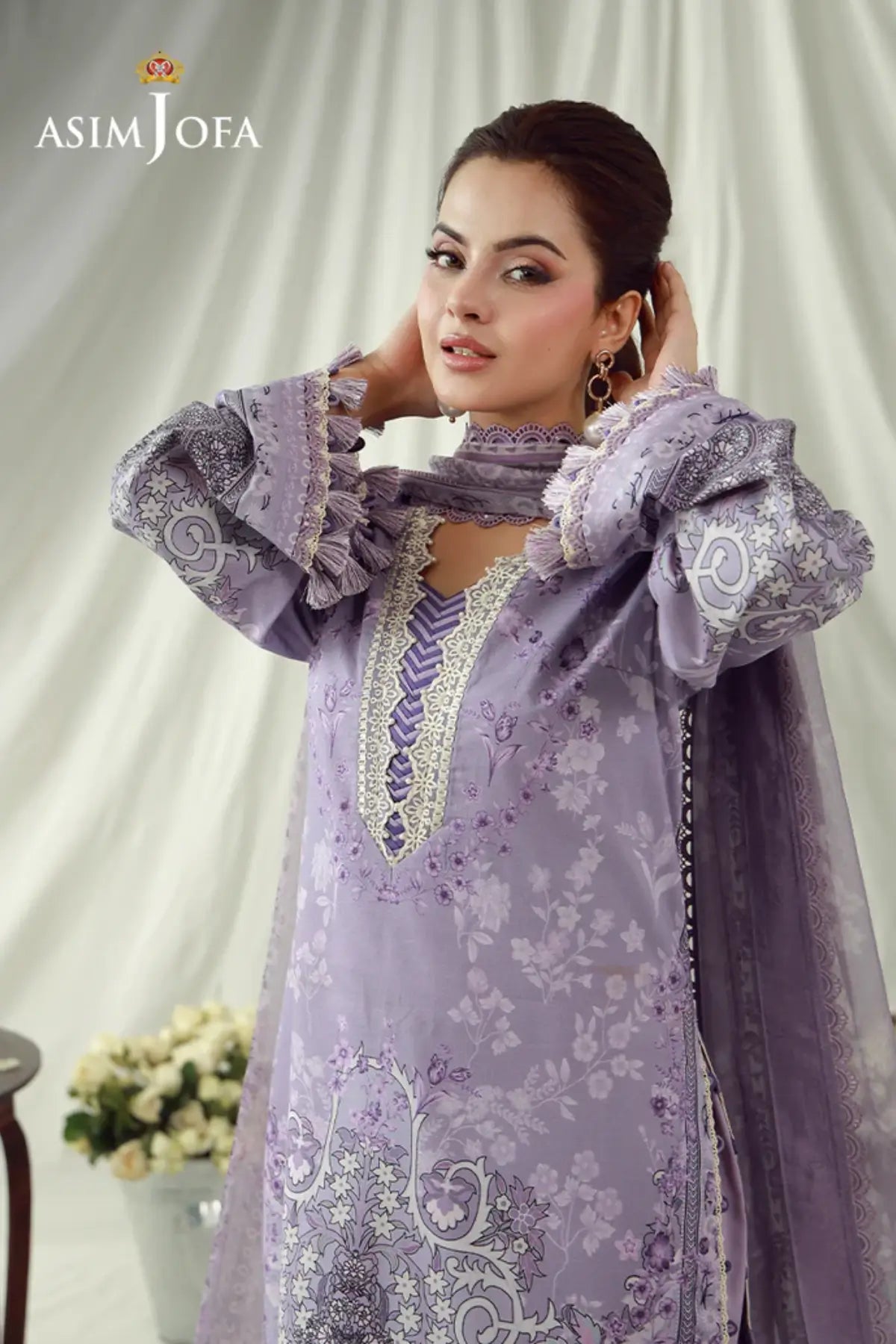 AJUBEP-08 Asim Jofa Lilac Premium Cambric Stitched 3PC Suit with printed shirt, chiffon dupatta and cambric trousers for women.
