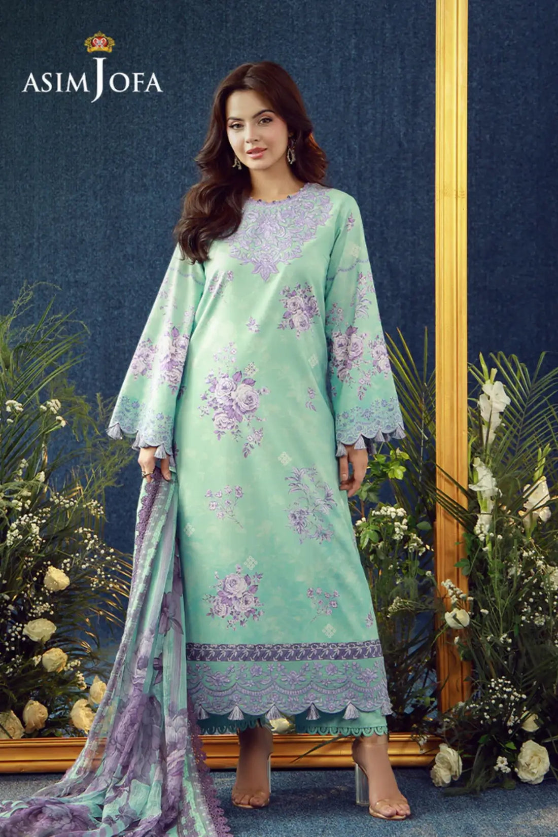 AJUBEP-09 Asim Jofa Light Turquoise Cambric Stitched 3PC Suit with printed shirt, chiffon dupatta and embroidered organza detailing
