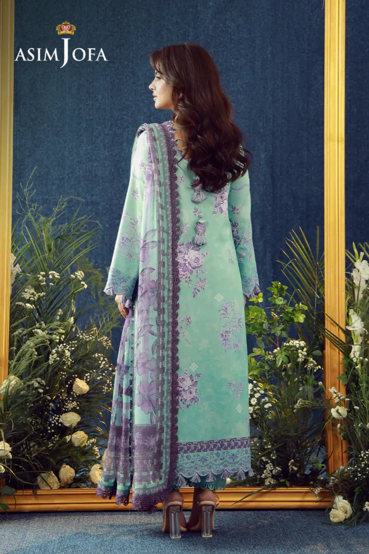 AJUBEP-09 Asim Jofa Light Turquoise Cambric Stitched 3PC Suit with printed shirt, chiffon dupatta and embroidered organza detailing
