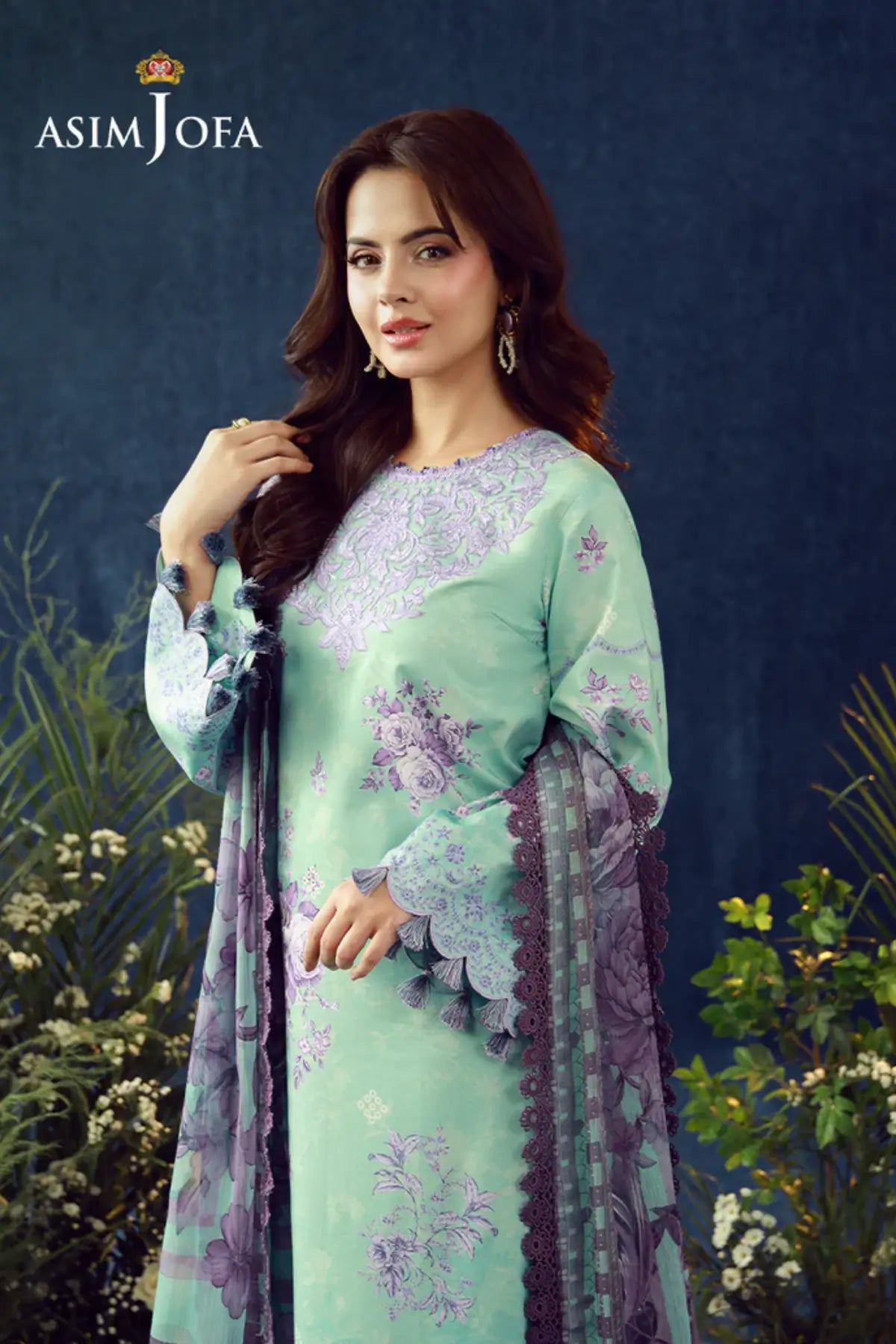 AJUBEP-09 Asim Jofa Light Turquoise Cambric Stitched 3PC Suit with printed shirt, chiffon dupatta and embroidered organza detailing