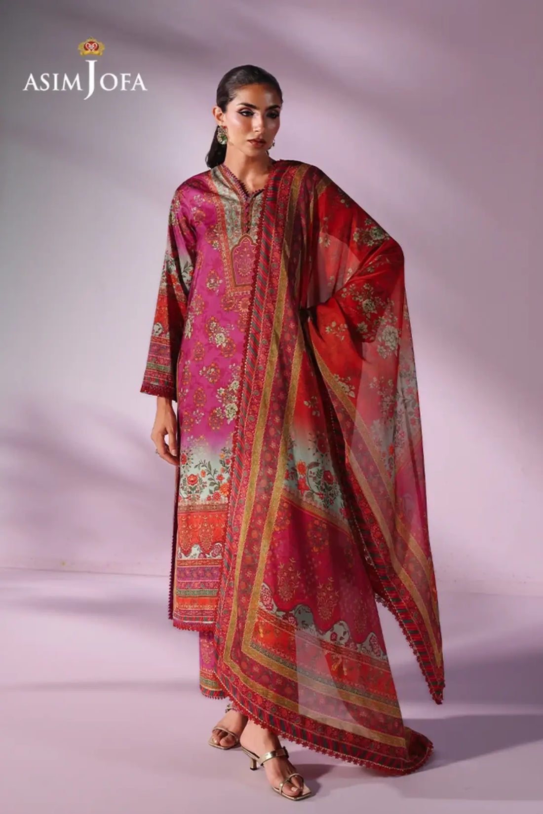 Asim Jofa AJUC-01 Fuchsia Katan Silk Stitched Suit with Red Floral Printed Silk Dupatta