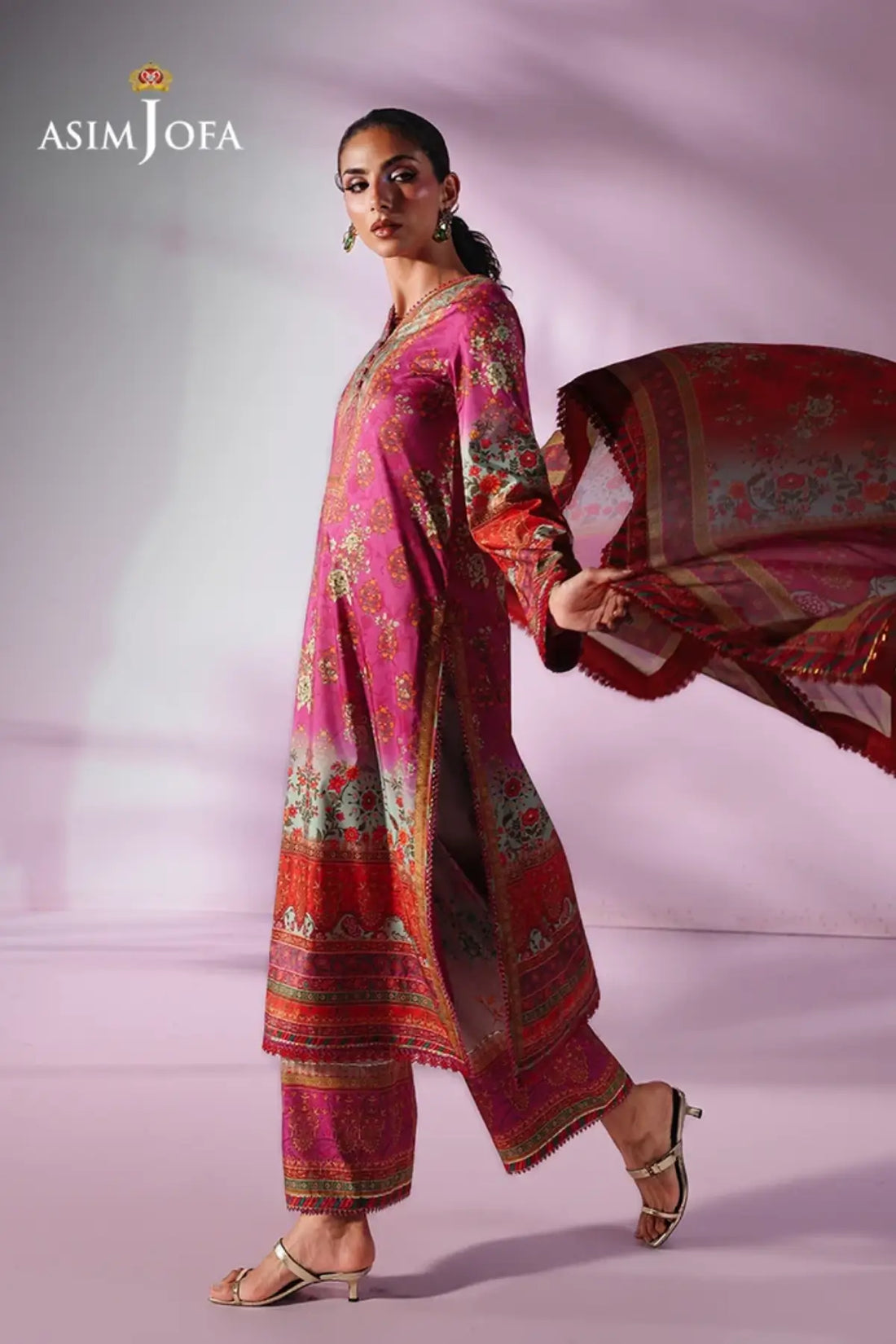 Asim Jofa AJUC-01 Fuchsia Katan Silk Stitched Suit with Red Floral Printed Silk Dupatta