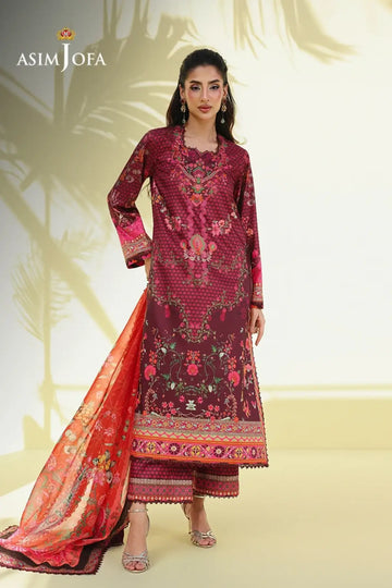 Asim Jofa AJUC-02 Plum Katan Silk Stitched Festive Suit with Floral Print and Red Printed Silk Dupatta