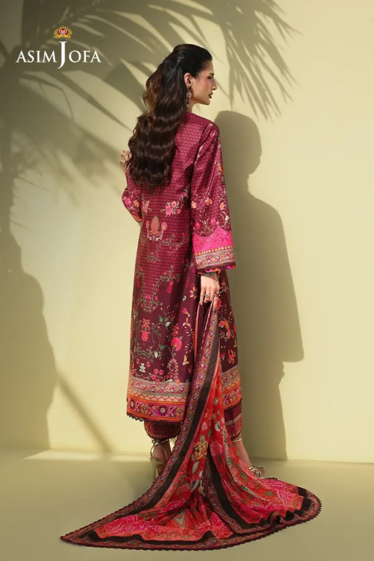 Asim Jofa AJUC-02 Plum Katan Silk Stitched Festive Suit with Floral Print and Red Printed Silk Dupatta