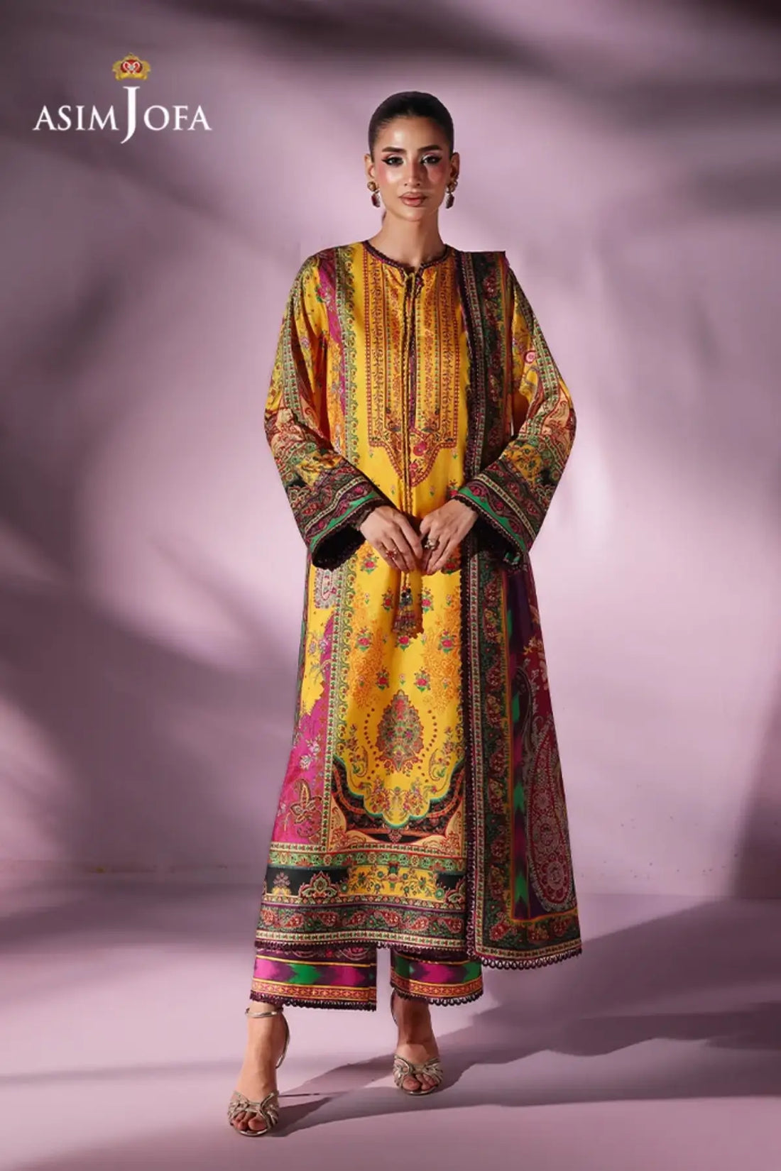 Asim Jofa AJUC-03 Yellow Katan Silk Stitched Suit with Floral Print, Trousers and Ombré Silk Dupatta
