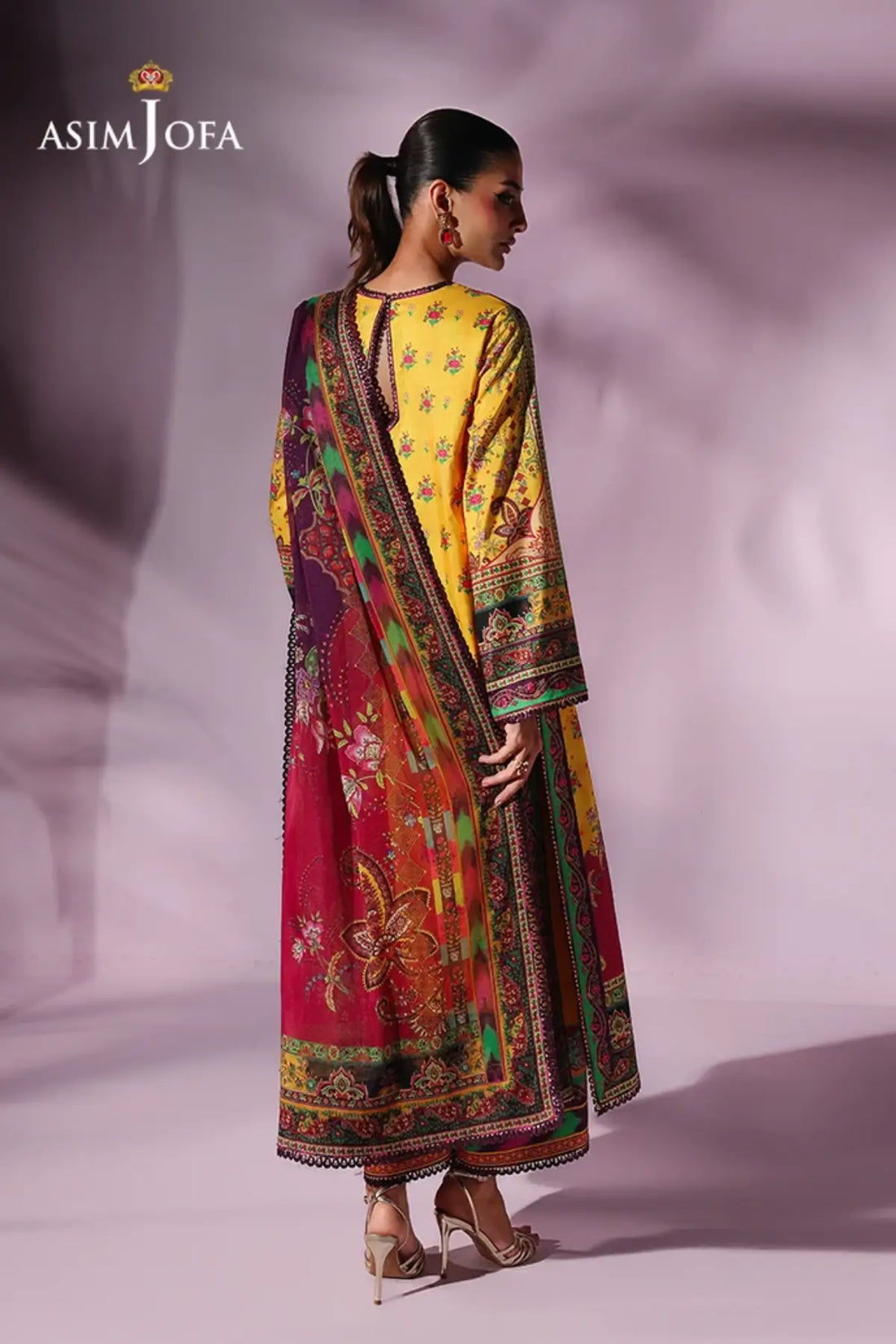 Asim Jofa AJUC-03 Yellow Katan Silk Stitched Suit with Floral Print, Trousers and Ombré Silk Dupatta