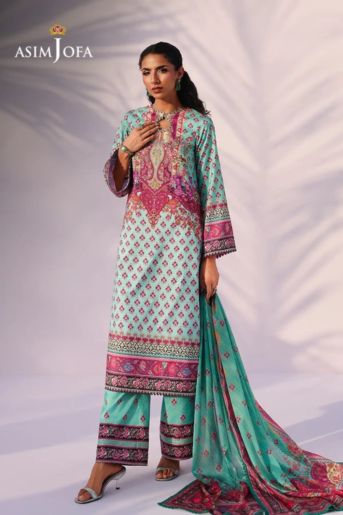 Asim Jofa AJUC-04 Celeste Blue Printed Katan Silk Stitched 3PC Suit with Silk Dupatta