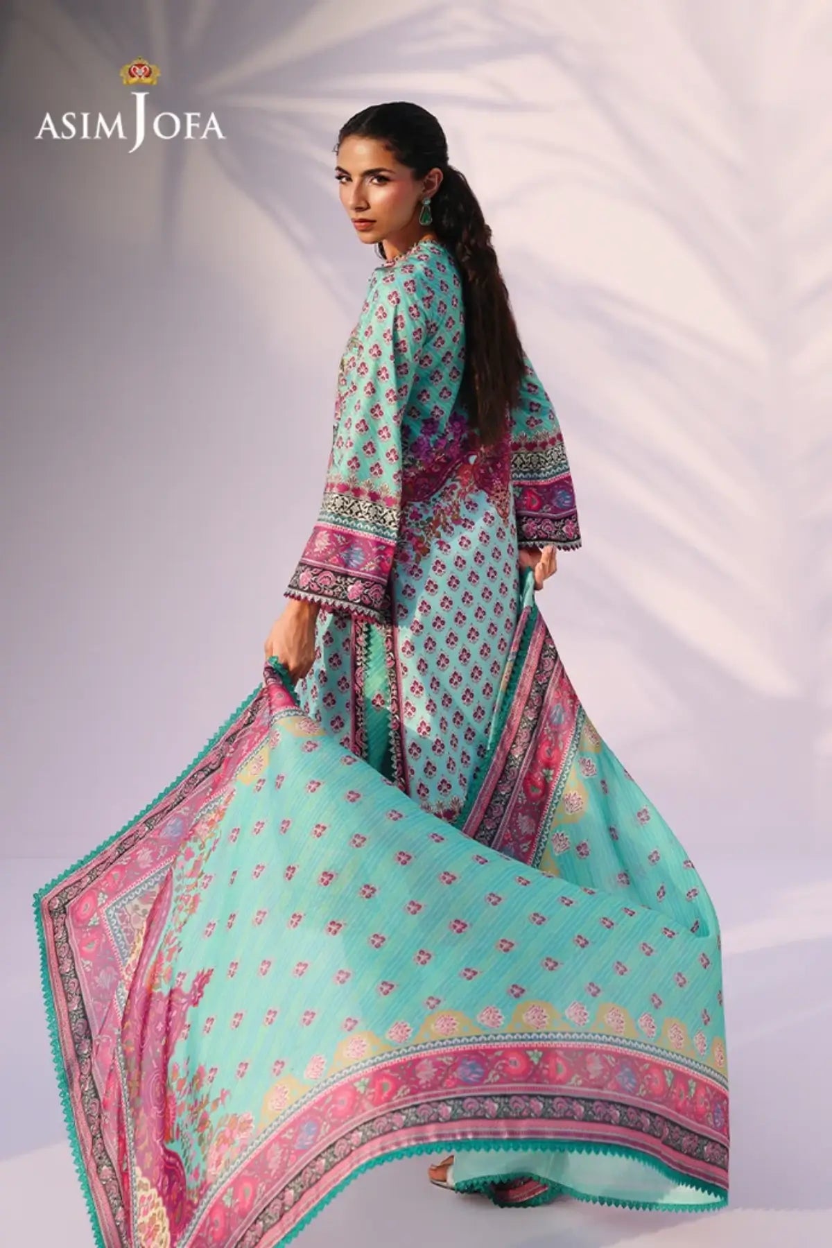 Asim Jofa AJUC-04 Celeste Blue Printed Katan Silk Stitched 3PC Suit with Silk Dupatta
