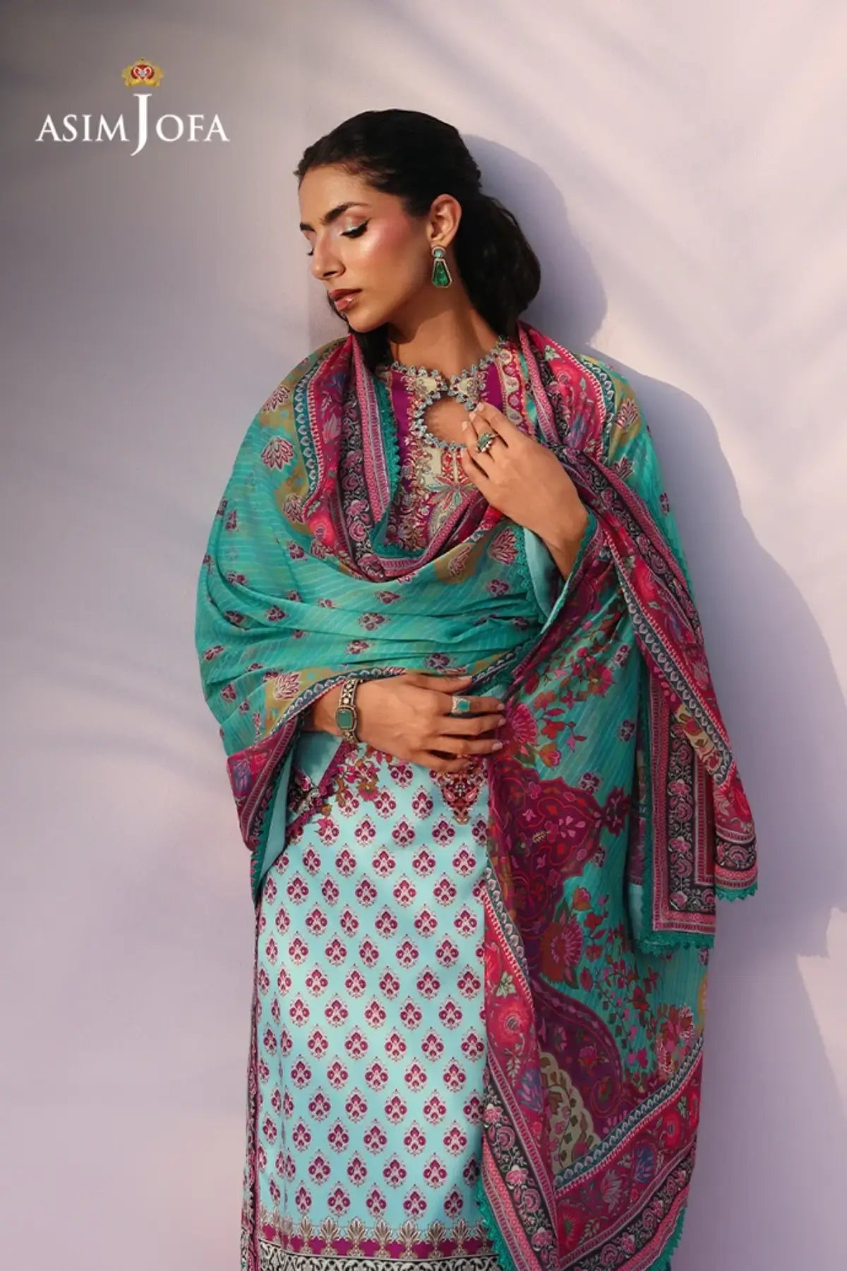 Asim Jofa AJUC-04 Celeste Blue Printed Katan Silk Stitched 3PC Suit with Silk Dupatta