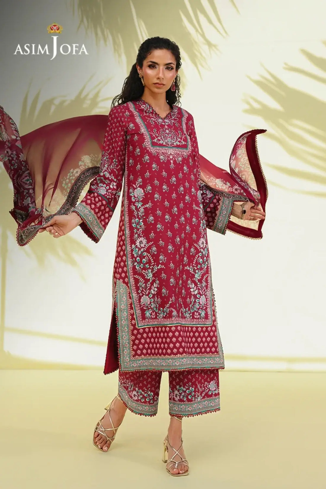 Asim Jofa AJUC-05 Maroon Crepe Silk Stitched Suit with Floral Print, Trousers and Printed Silk Dupatta
