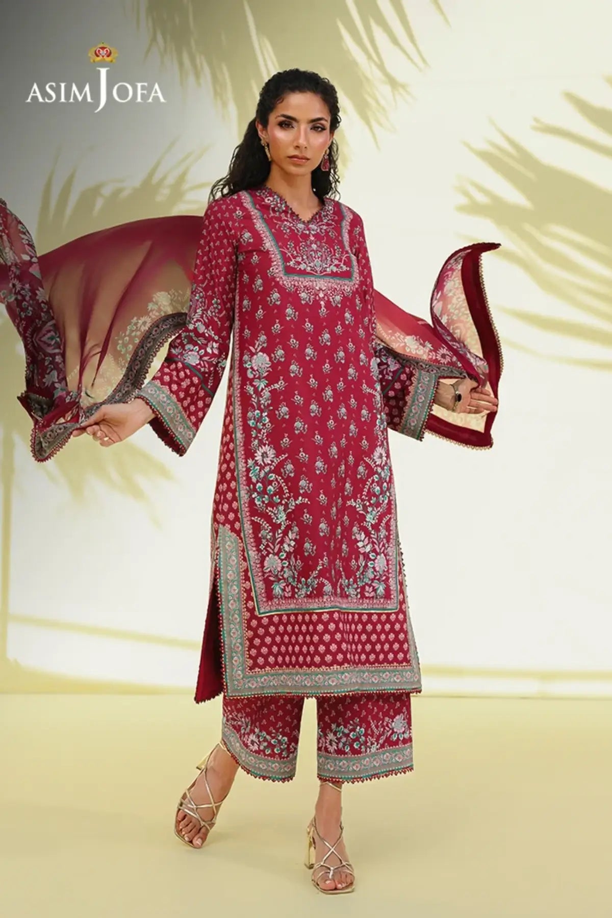 Asim Jofa AJUC-05 Maroon Crepe Silk Stitched Suit with Floral Print, Trousers and Printed Silk Dupatta