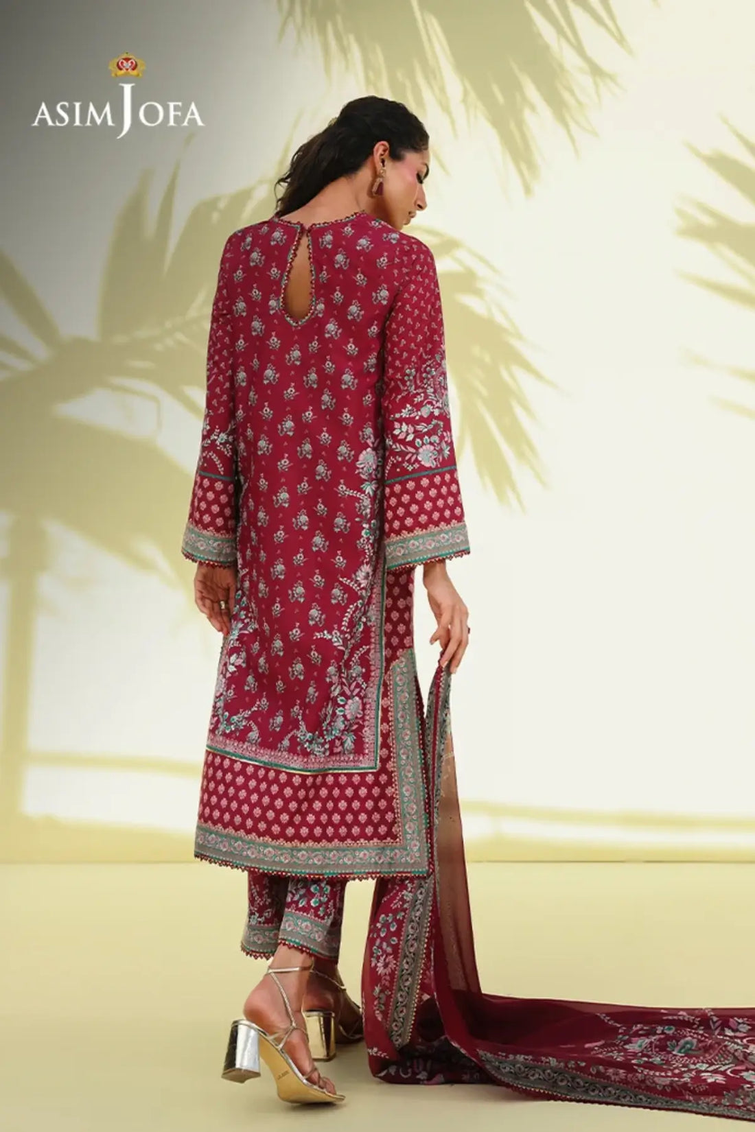 Asim Jofa AJUC-05 Maroon Crepe Silk Stitched Suit with Floral Print, Trousers and Printed Silk Dupatta