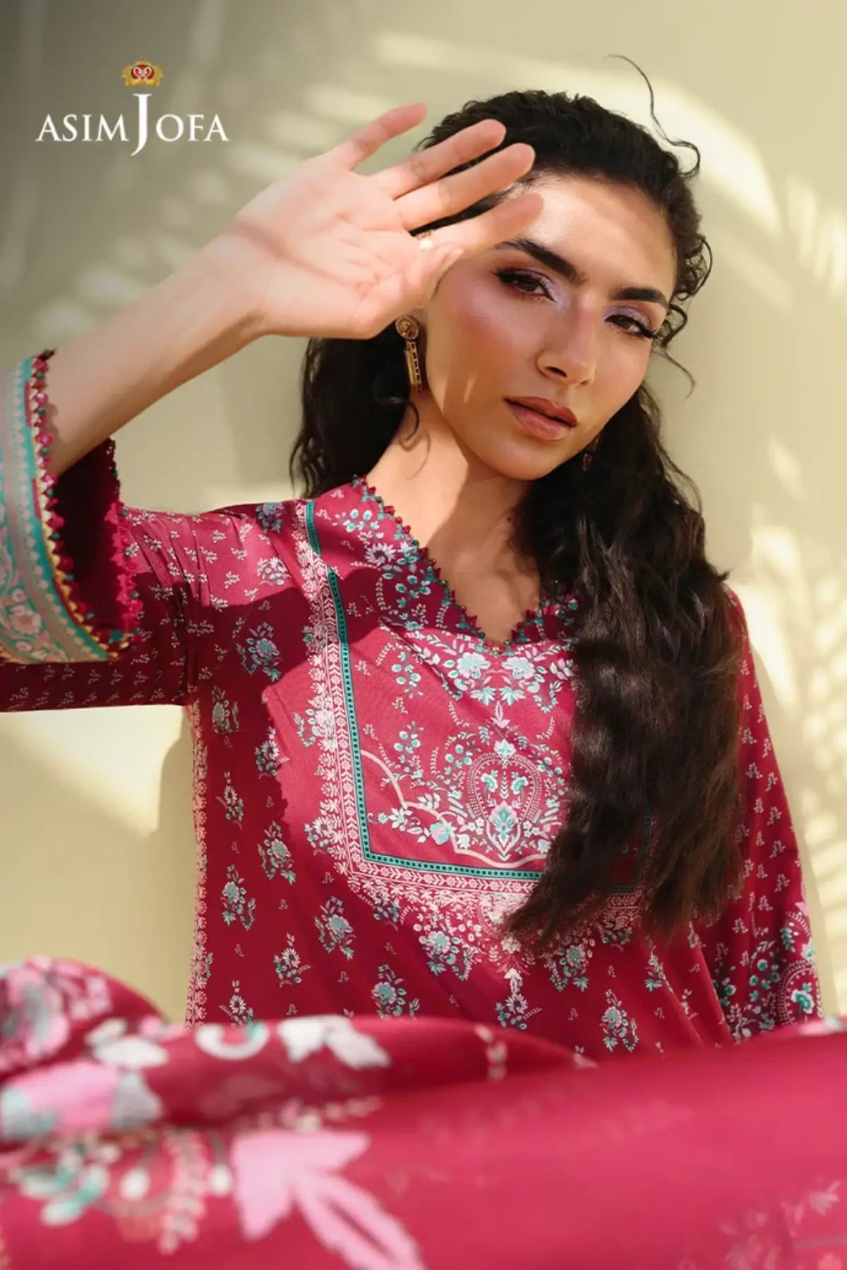 Asim Jofa AJUC-05 Maroon Crepe Silk Stitched Suit with Floral Print, Trousers and Printed Silk Dupatta
