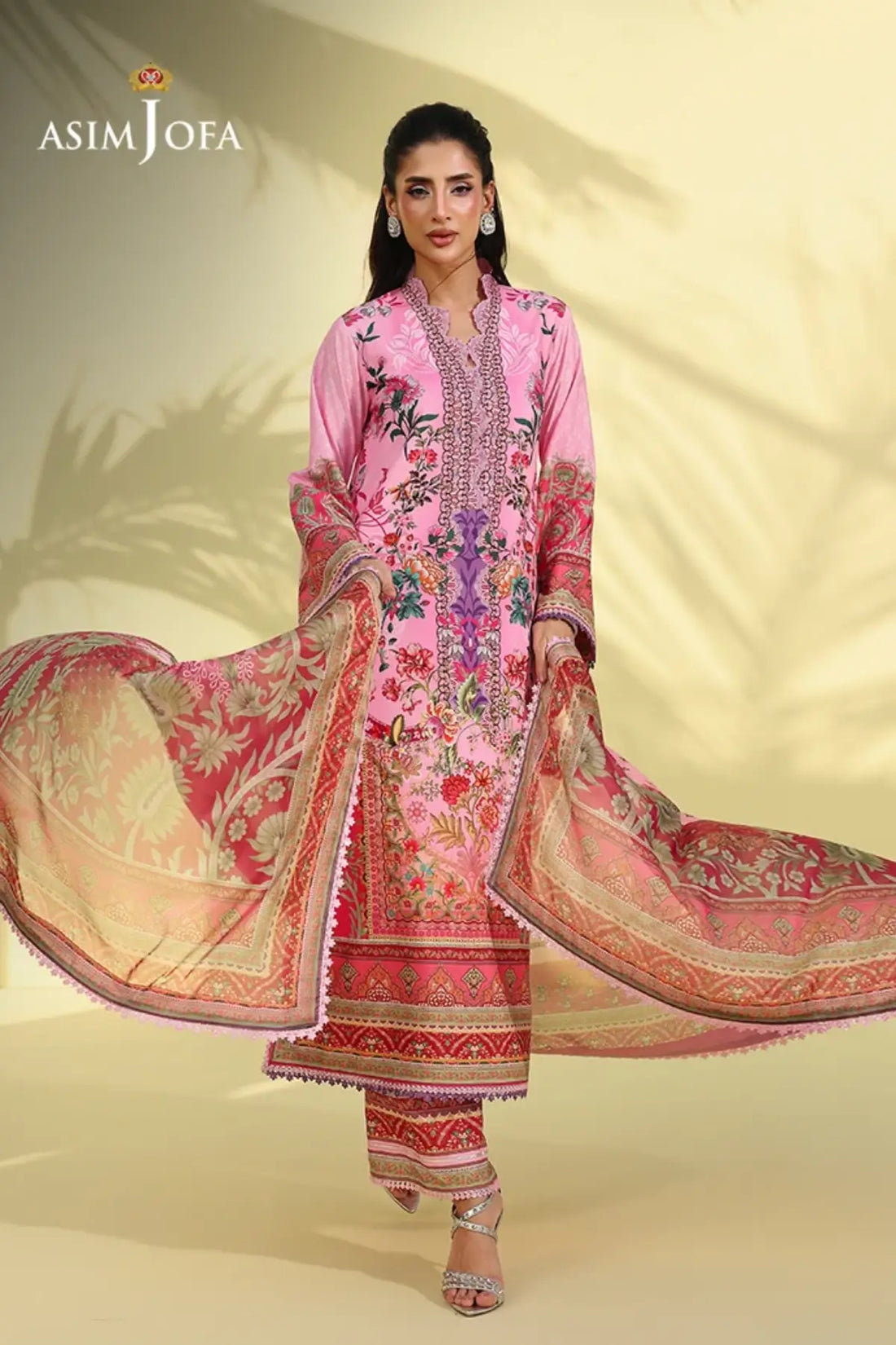 Asim Jofa AJUC-06 Light Pink Crepe Silk Stitched 3 Piece Pakistani Suit with Floral Print and Silk Dupatta