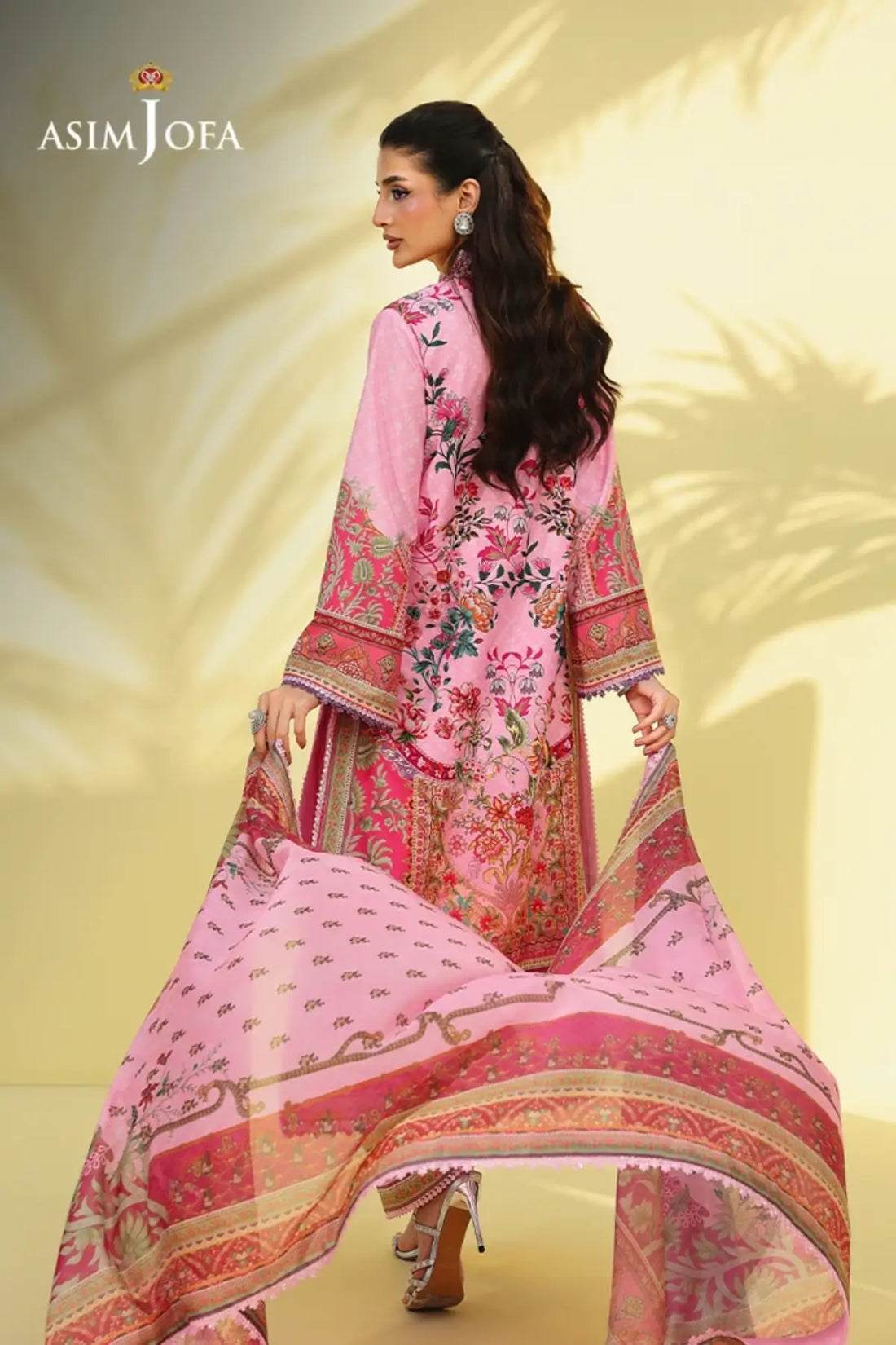 Asim Jofa AJUC-06 Light Pink Crepe Silk Stitched 3 Piece Pakistani Suit with Floral Print and Silk Dupatta