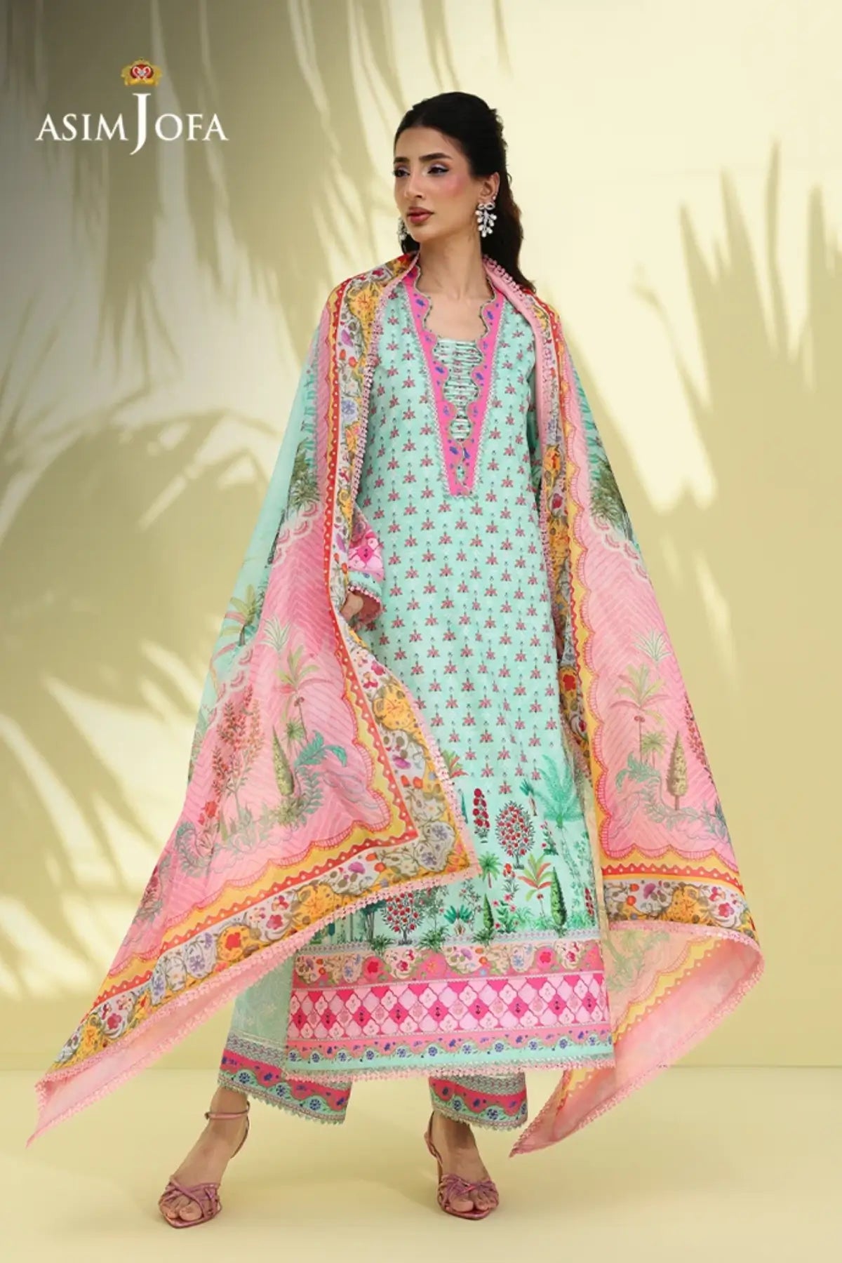 Asim Jofa AJUC-07 Pale Turquoise Crepe Silk Stitched Suit with Pink Printed Silk Dupatta