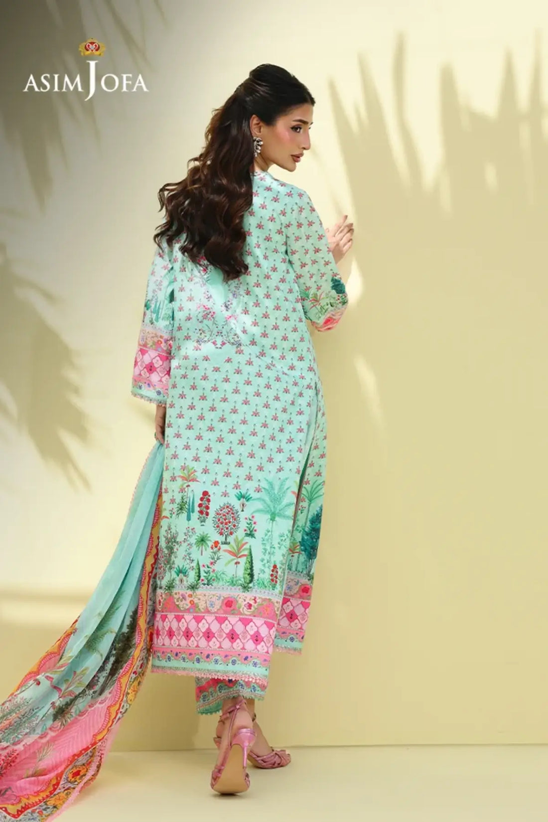 Asim Jofa AJUC-07 Pale Turquoise Crepe Silk Stitched Suit with Pink Printed Silk Dupatta