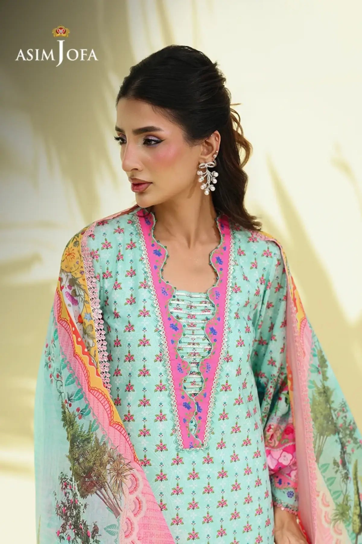 Asim Jofa AJUC-07 Pale Turquoise Crepe Silk Stitched Suit with Pink Printed Silk Dupatta