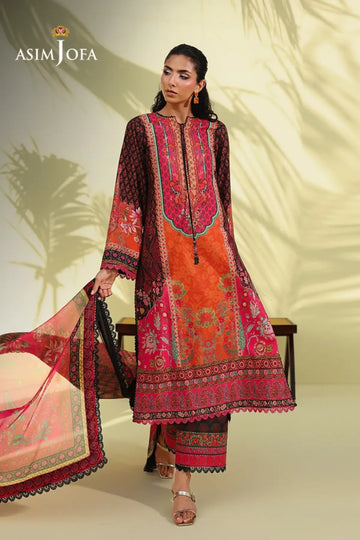 Asim Jofa AJUC-08 Fuchsia Orange Crepe Silk Stitched 3PC Suit with Black Accents and Printed Silk Dupatta