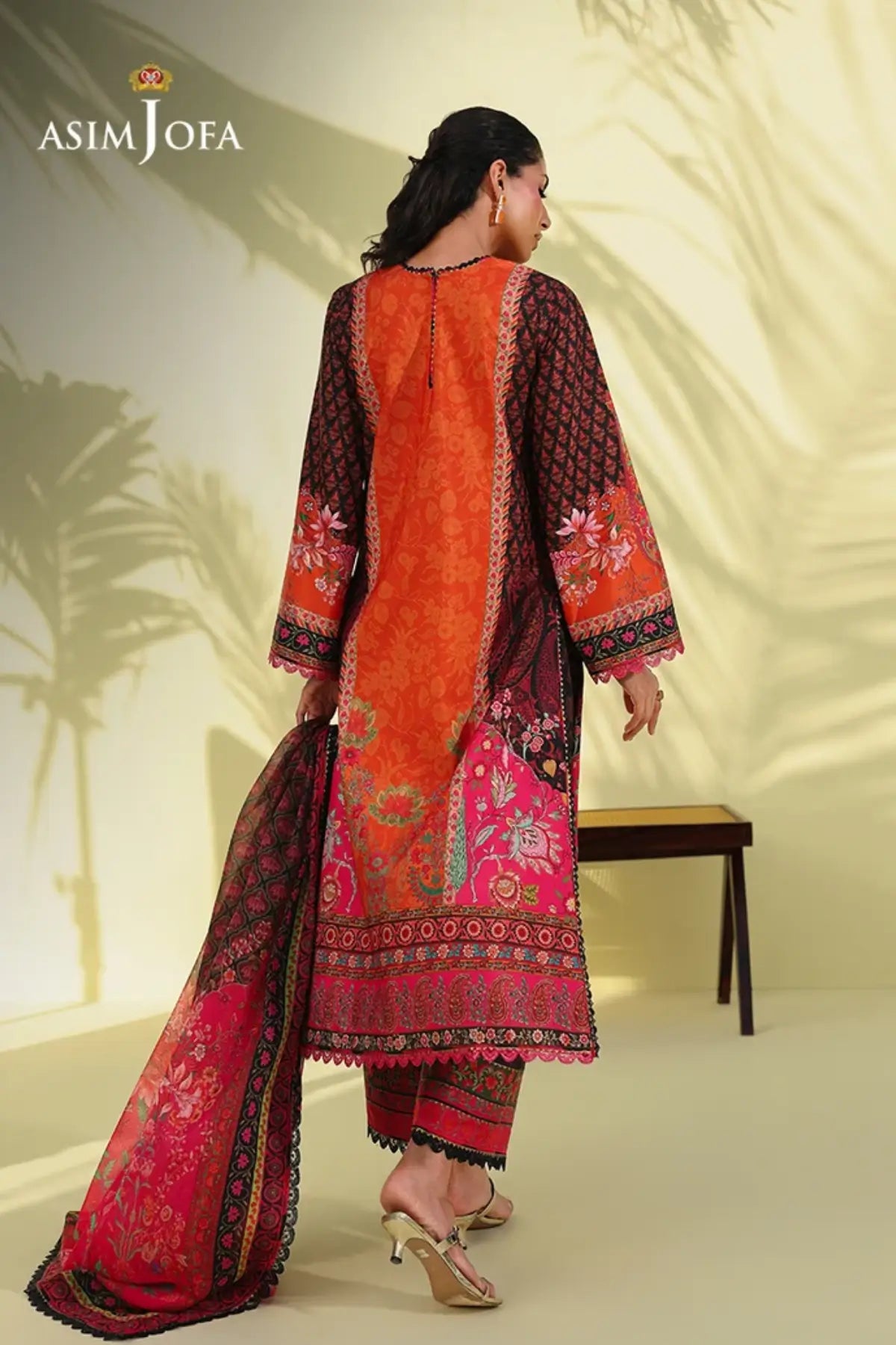 Asim Jofa AJUC-08 Fuchsia Orange Crepe Silk Stitched 3PC Suit with Black Accents and Printed Silk Dupatta