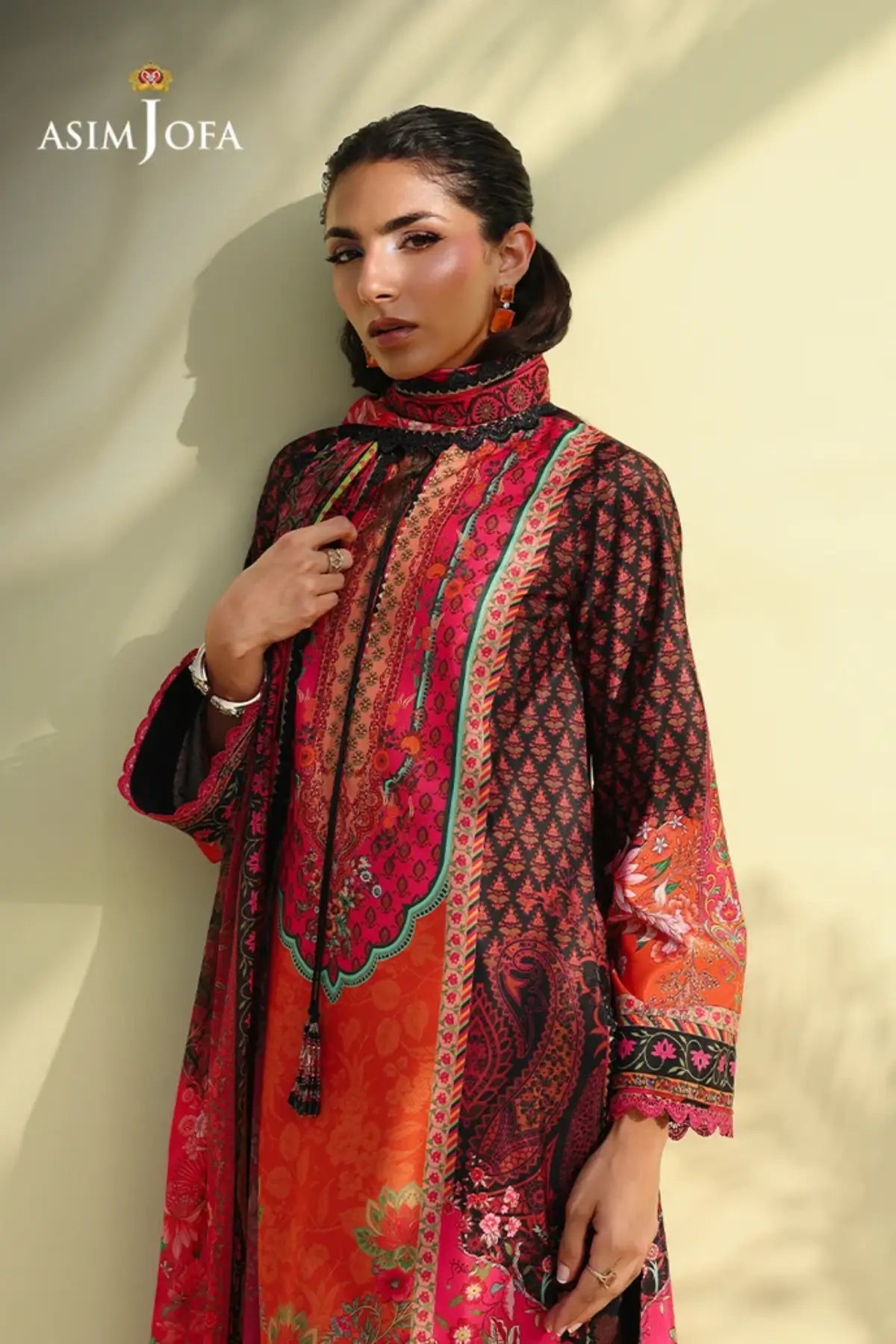 Asim Jofa AJUC-08 Fuchsia Orange Crepe Silk Stitched 3PC Suit with Black Accents and Printed Silk Dupatta