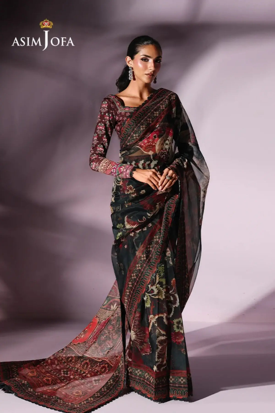 Asim Jofa AJUC-09 Dark Green Printed Organza Saree with Floral Design and Stitched Crepe Silk Blouse