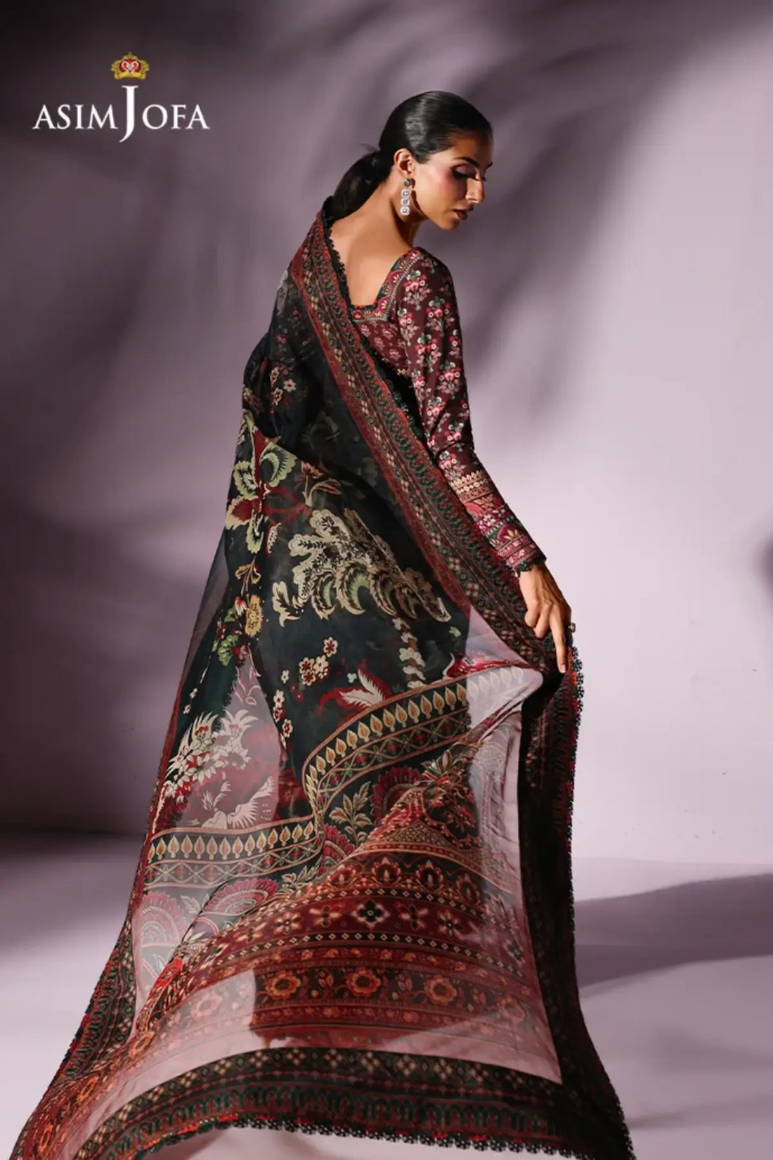 Asim Jofa AJUC-09 Dark Green Printed Organza Saree with Floral Design and Stitched Crepe Silk Blouse