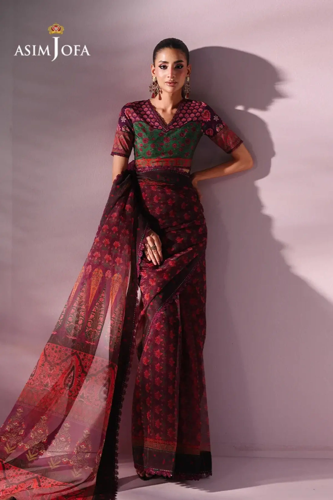 Asim Jofa AJUC-10 Plum Printed Organza Saree with Floral Motifs and Green Stitched Crepe Silk Blouse