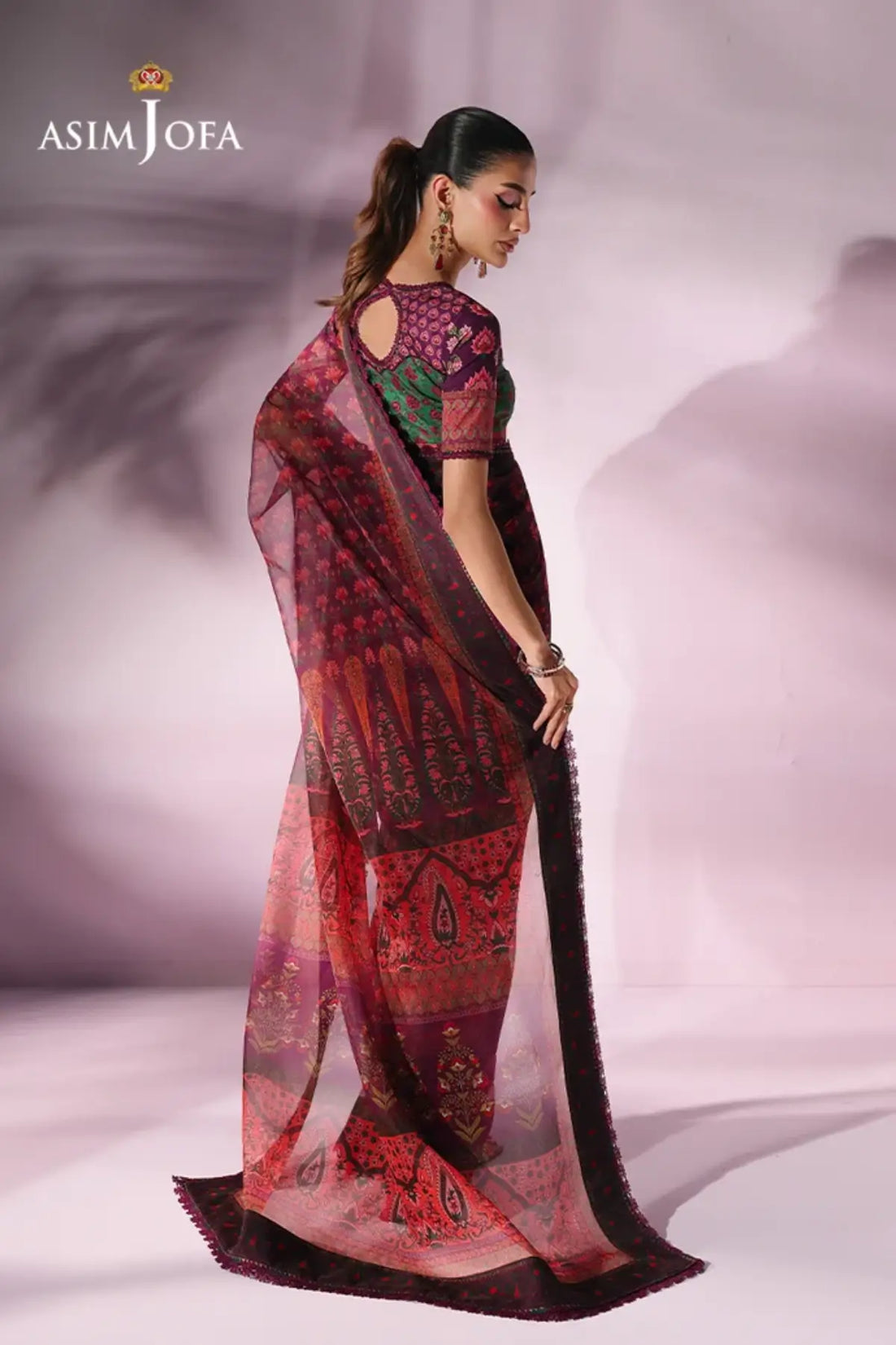 Asim Jofa AJUC-10 Plum Printed Organza Saree with Floral Motifs and Green Stitched Crepe Silk Blouse