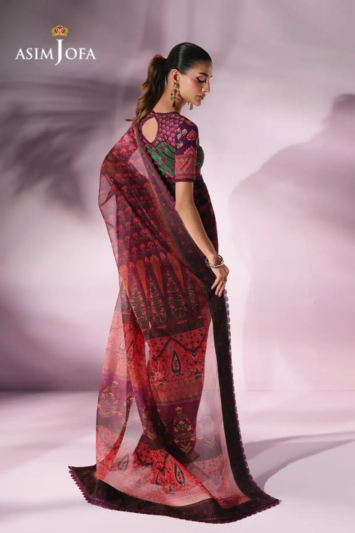 Asim Jofa AJUC-10 Plum Printed Organza Saree with Floral Motifs and Green Stitched Crepe Silk Blouse