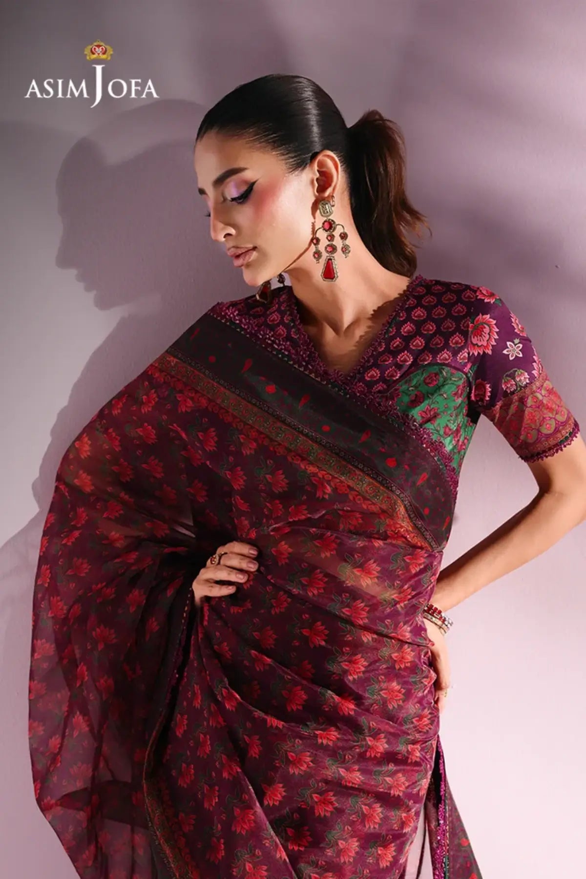 Asim Jofa AJUC-10 Plum Printed Organza Saree with Floral Motifs and Green Stitched Crepe Silk Blouse
