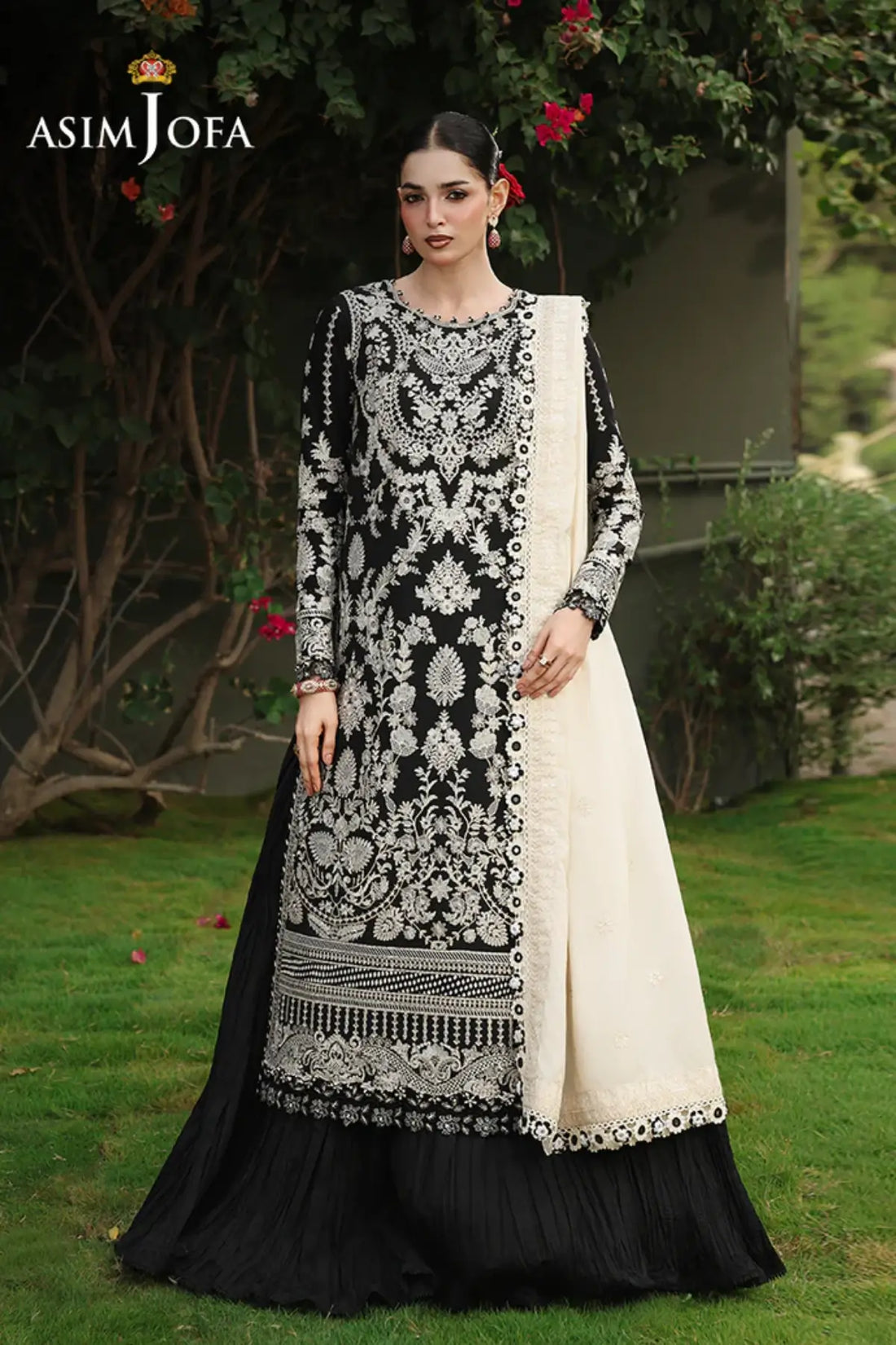 AJULC-01 Asim Jofa Chikankaari '26 black embroidered paper cotton stitched 3PC suit