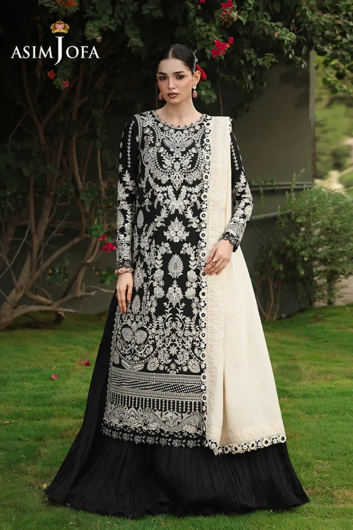 AJULC-01 Asim Jofa Chikankaari '26 black embroidered paper cotton stitched 3PC suit