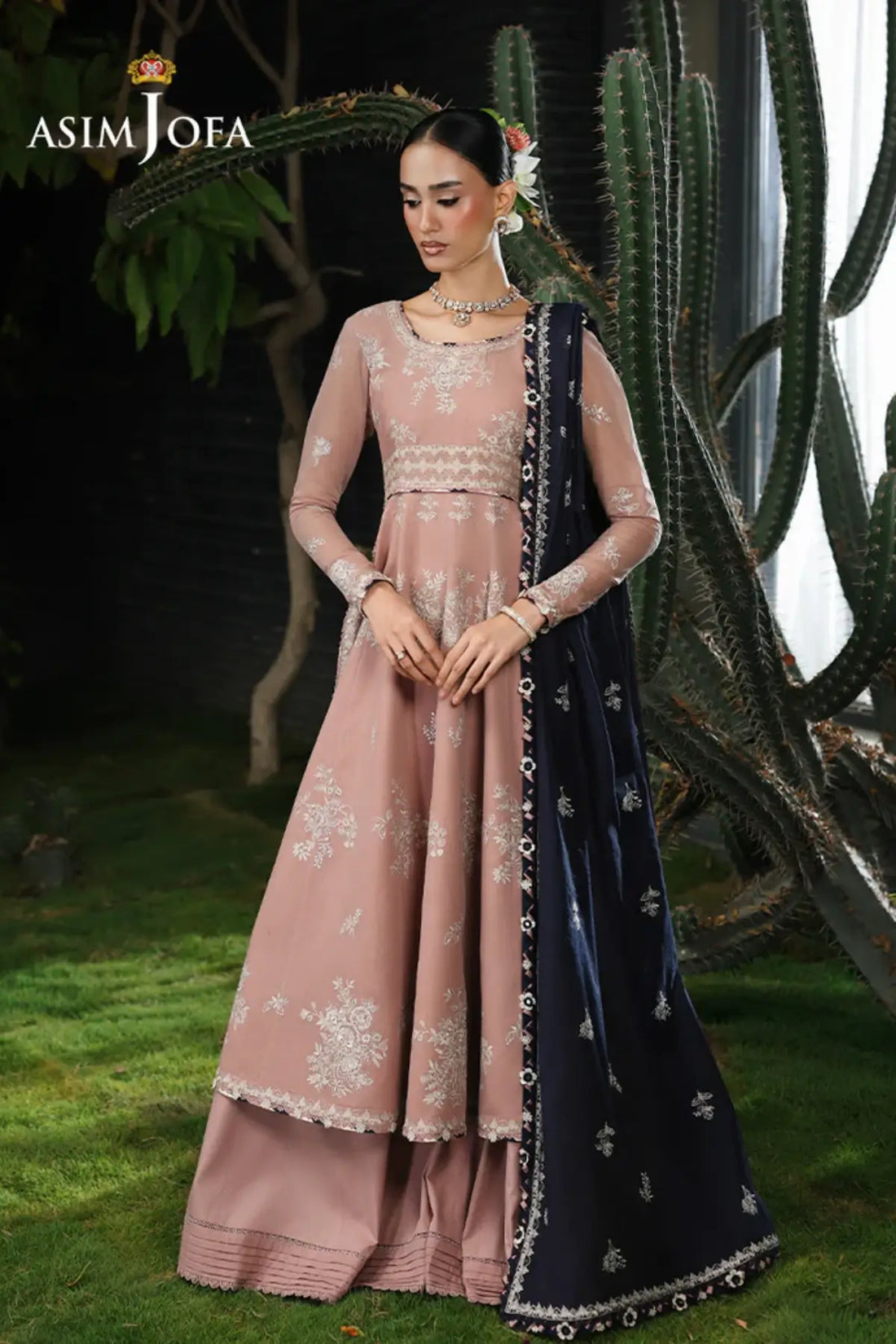 AJULC-02 Asim Jofa Chikankaari '26 tea pink paper cotton kalidar with golden line dupatta & malai silk trouser