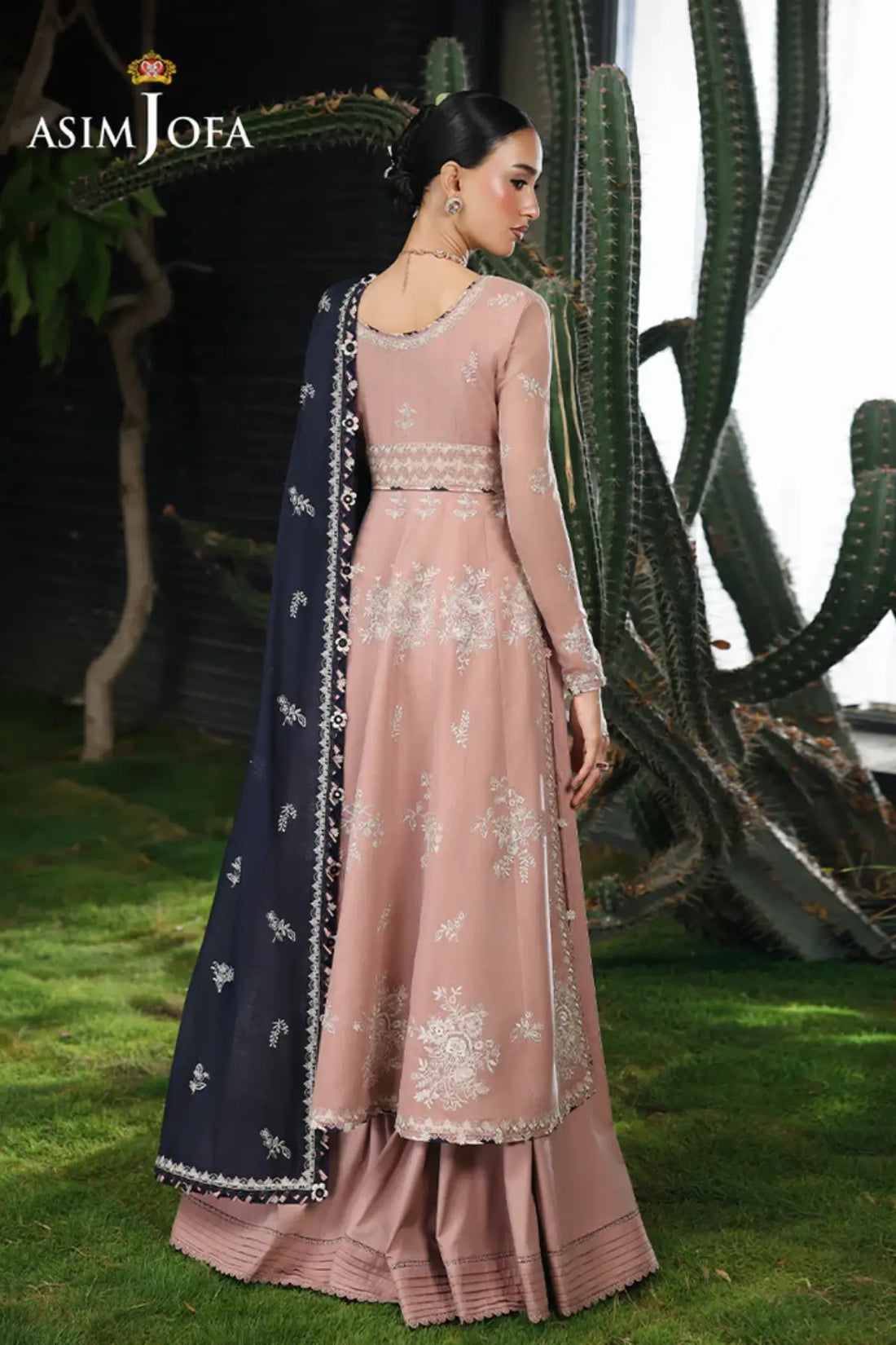 AJULC-02 Asim Jofa Chikankaari '26 tea pink paper cotton kalidar with golden line dupatta & malai silk trouser