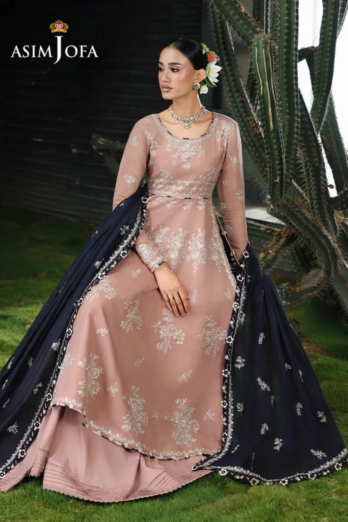 AJULC-02 Asim Jofa Chikankaari '26 tea pink paper cotton kalidar with golden line dupatta & malai silk trouser