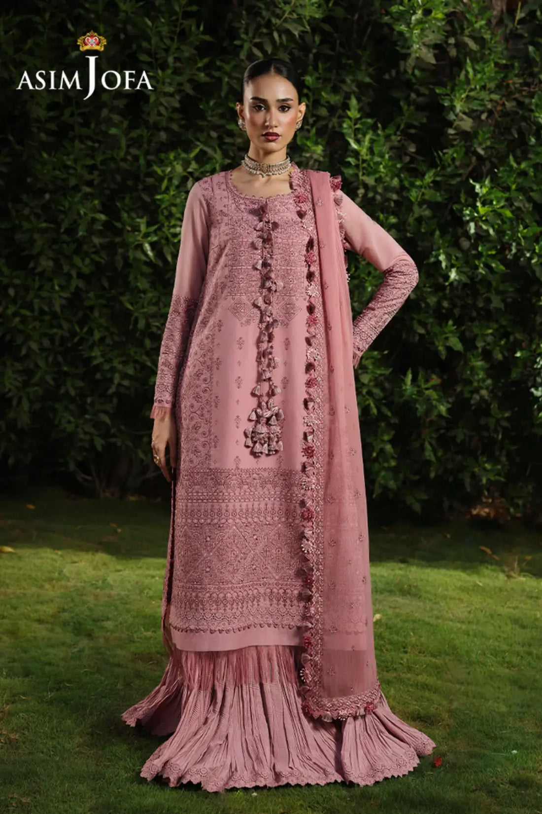 AJULC-03 Asim Jofa Chikankaari '26 pink paper cotton shirt, chiffon dupatta and malai silk trouser