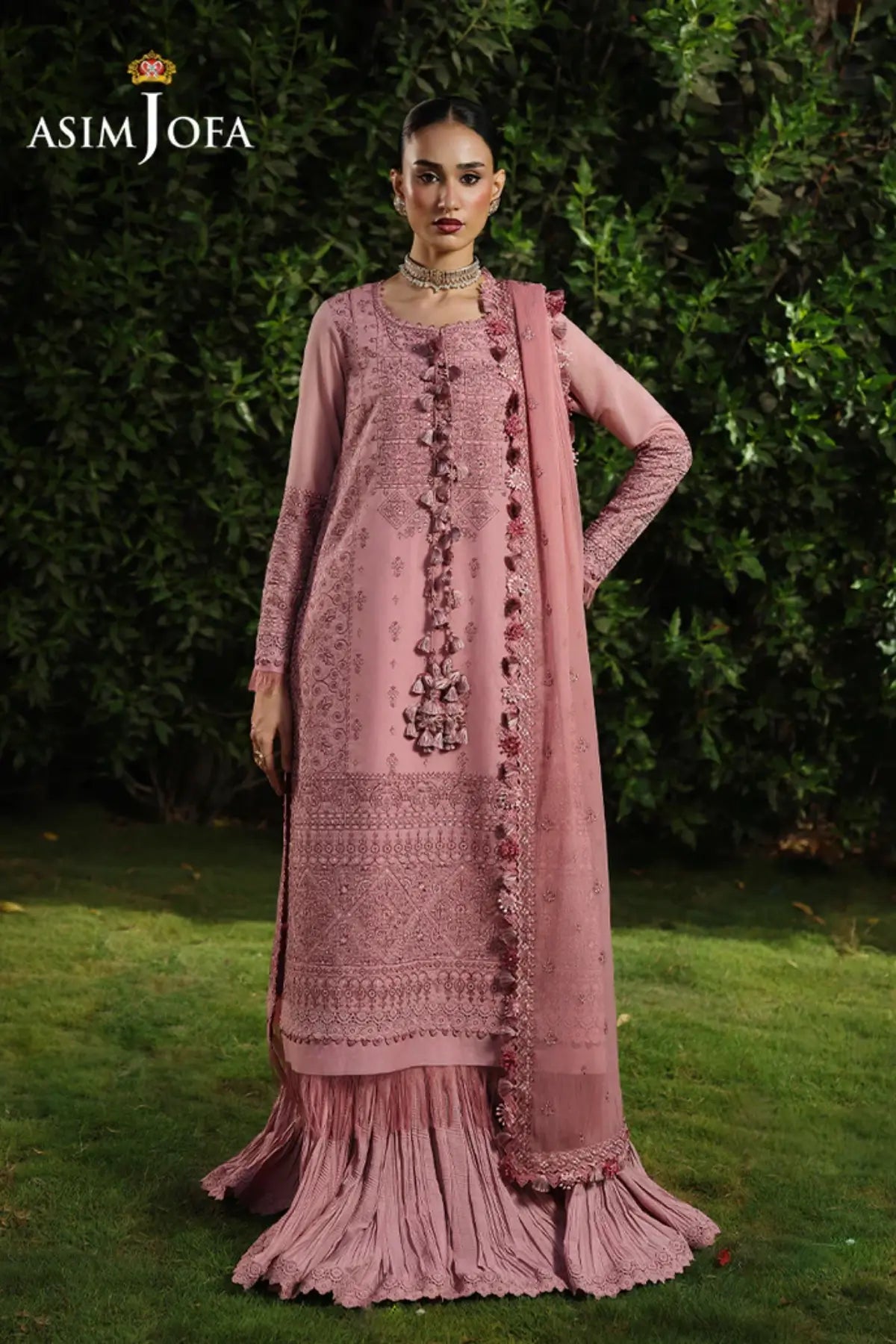 AJULC-03 Asim Jofa Chikankaari '26 pink paper cotton shirt, chiffon dupatta and malai silk trouser