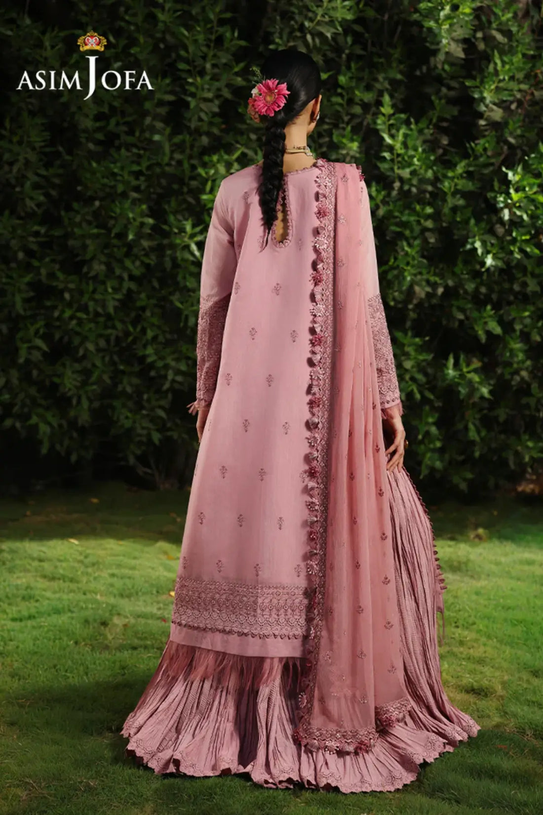 AJULC-03 Asim Jofa Chikankaari '26 pink paper cotton shirt, chiffon dupatta and malai silk trouser