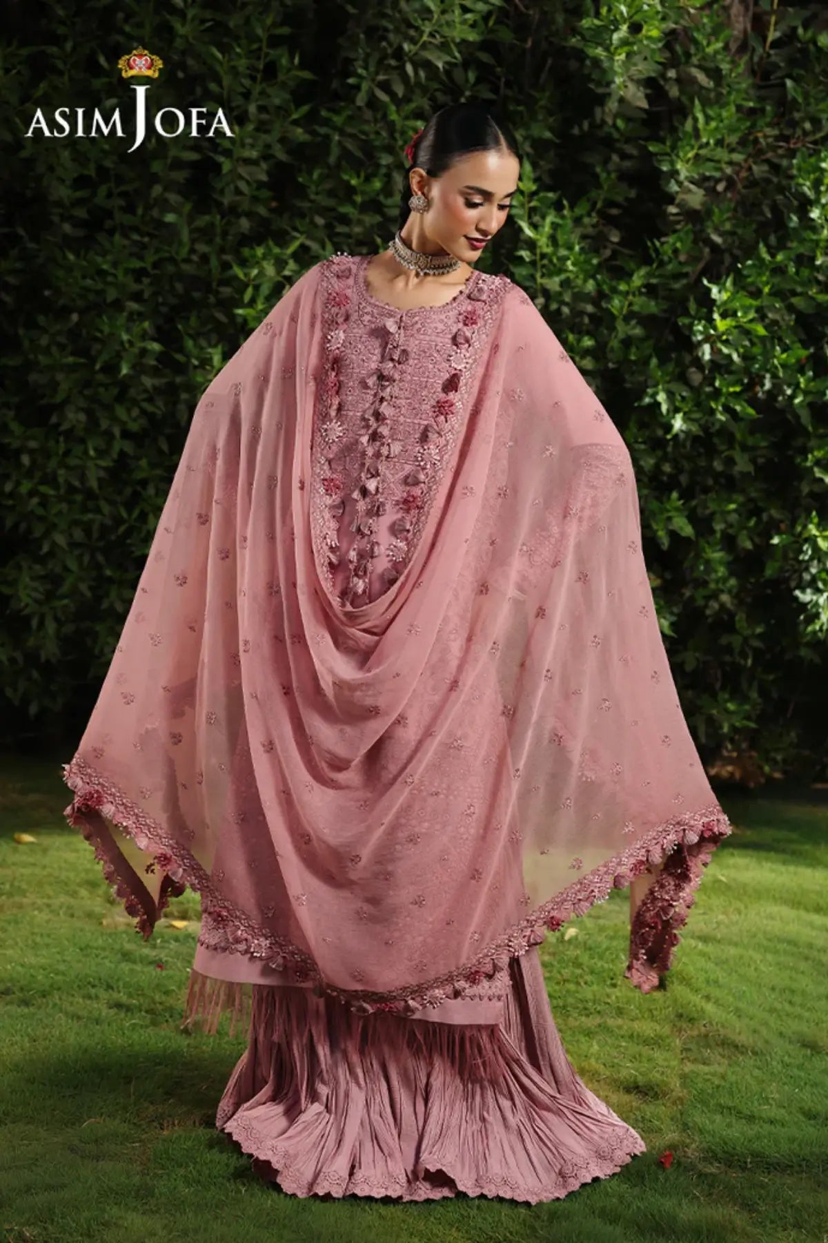 AJULC-03 Asim Jofa Chikankaari '26 pink paper cotton shirt, chiffon dupatta and malai silk trouser