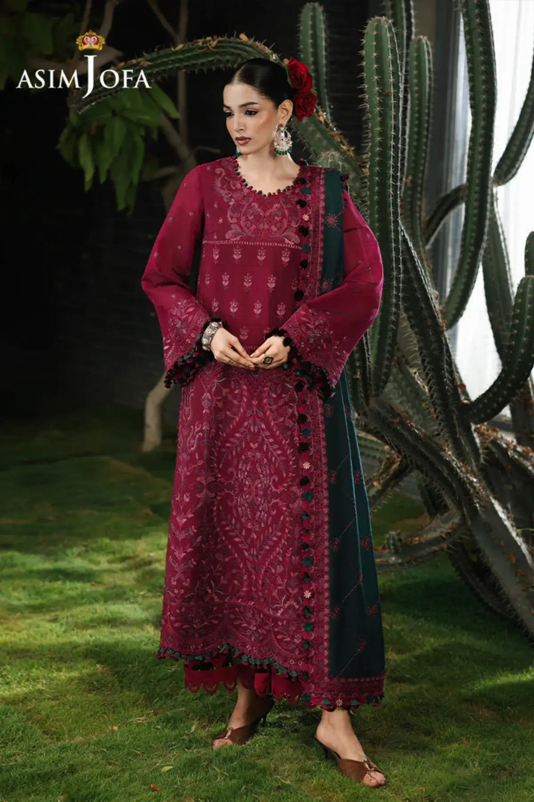 AJULC-04 Asim Jofa magenta paper cotton suit with teal embroidered paper cotton dupatta and malai silk trouser