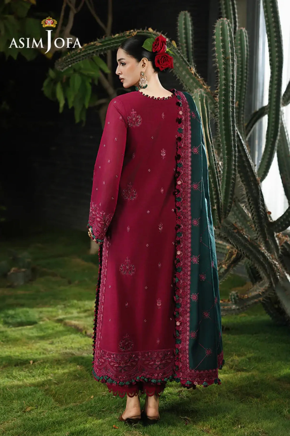 AJULC-04 Asim Jofa magenta paper cotton suit with teal embroidered paper cotton dupatta and malai silk trouser