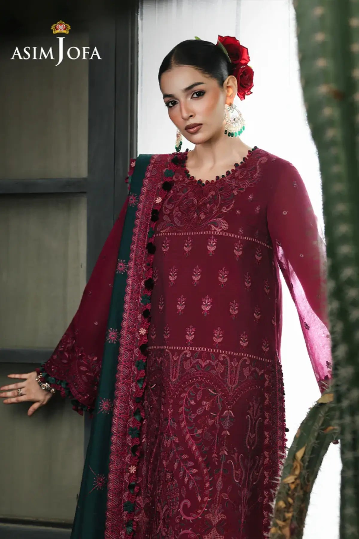 AJULC-04 Asim Jofa magenta paper cotton suit with teal embroidered paper cotton dupatta and malai silk trouser