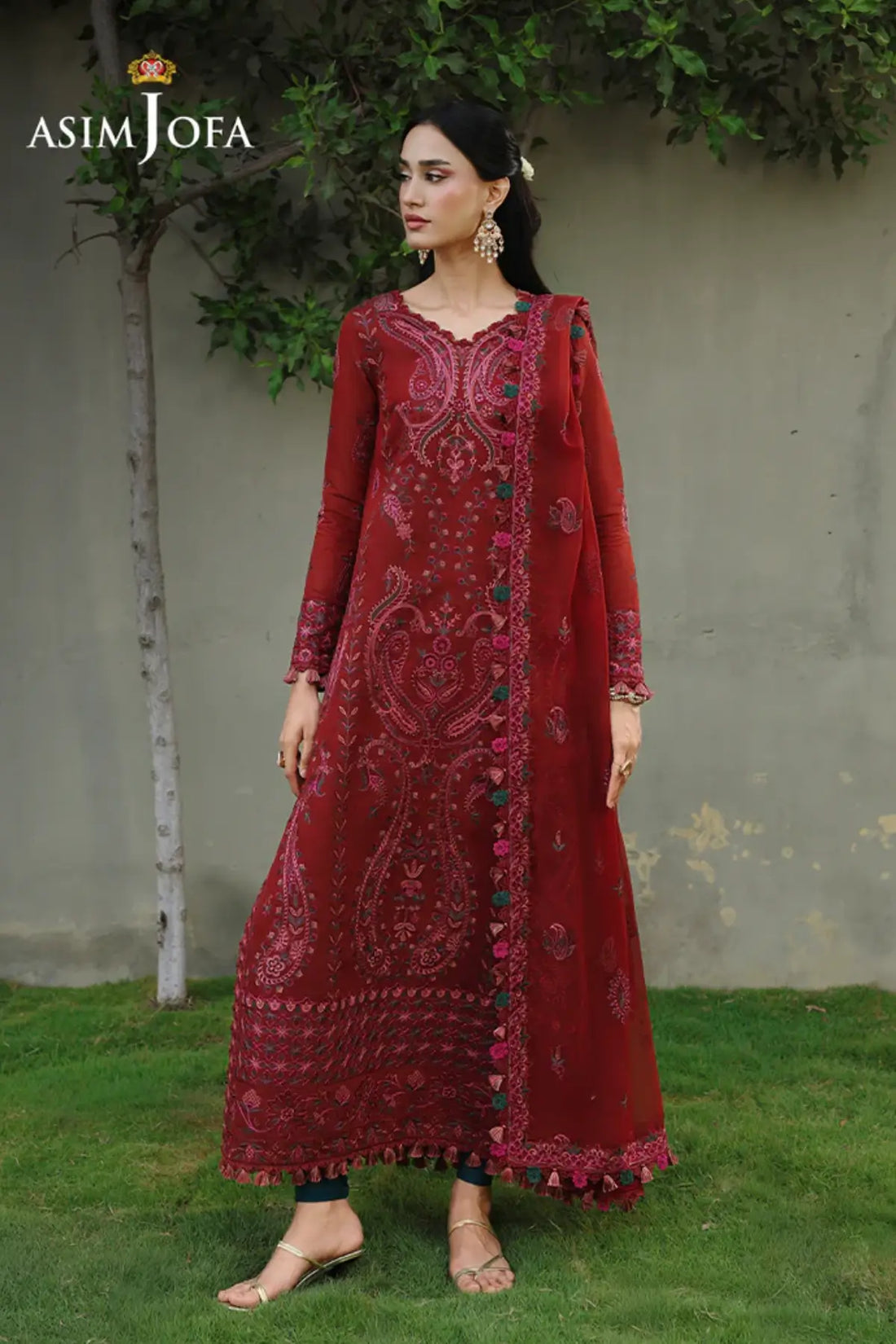 AJULC-05 Asim Jofa rust paper cotton suit with embroidered chiffon dupatta and lawn silk trouser