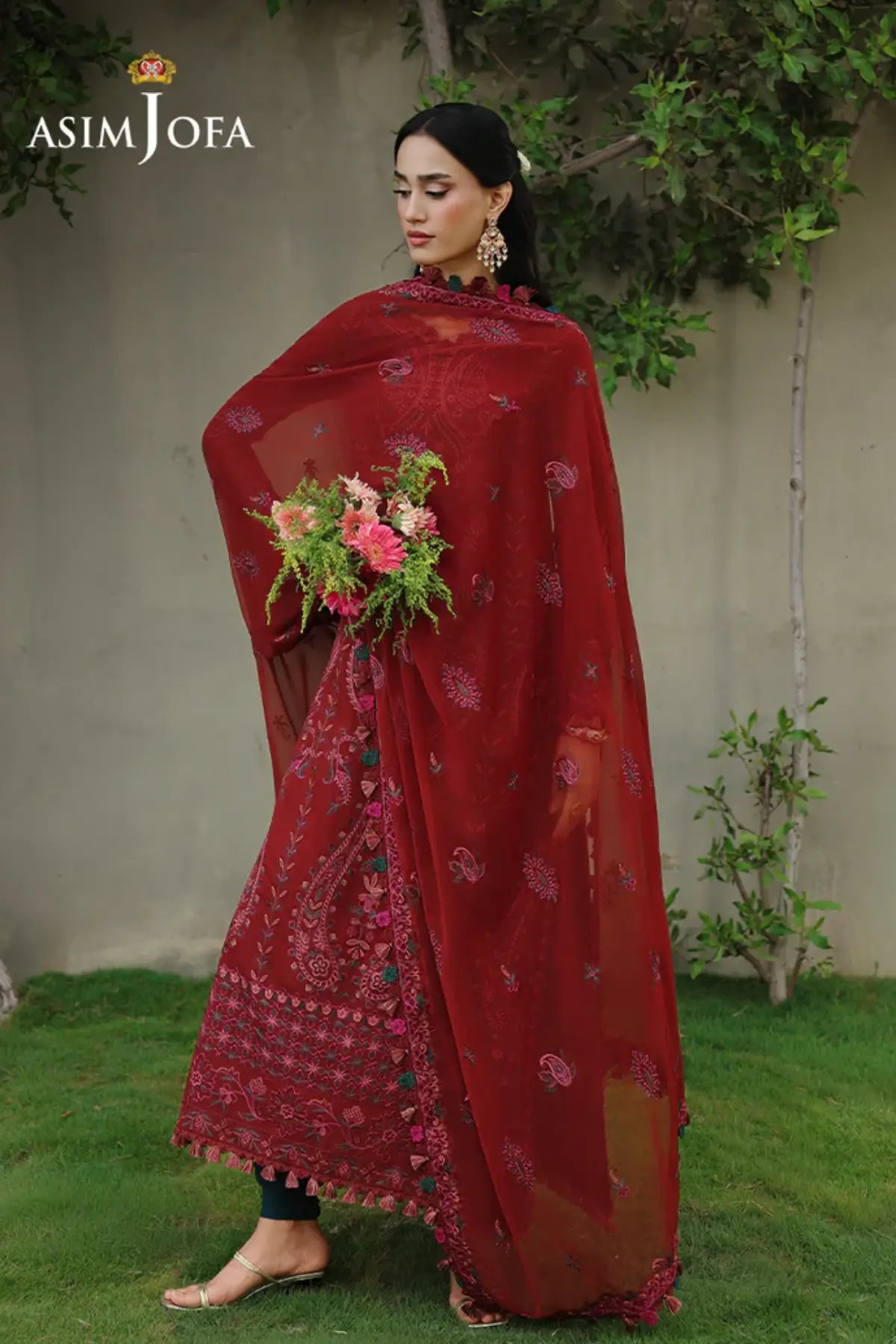 AJULC-05 Asim Jofa rust paper cotton suit with embroidered chiffon dupatta and lawn silk trouser