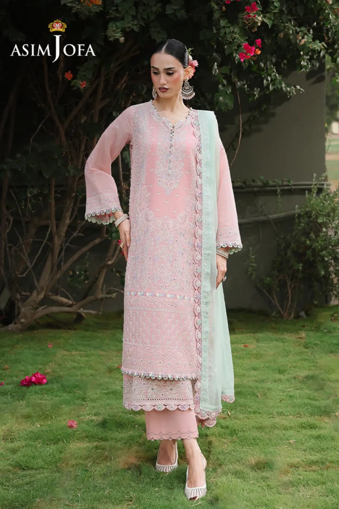 AJULC-06 Asim Jofa light peach pink paper cotton shirt, mint green chiffon dupatta and boski silk trouser