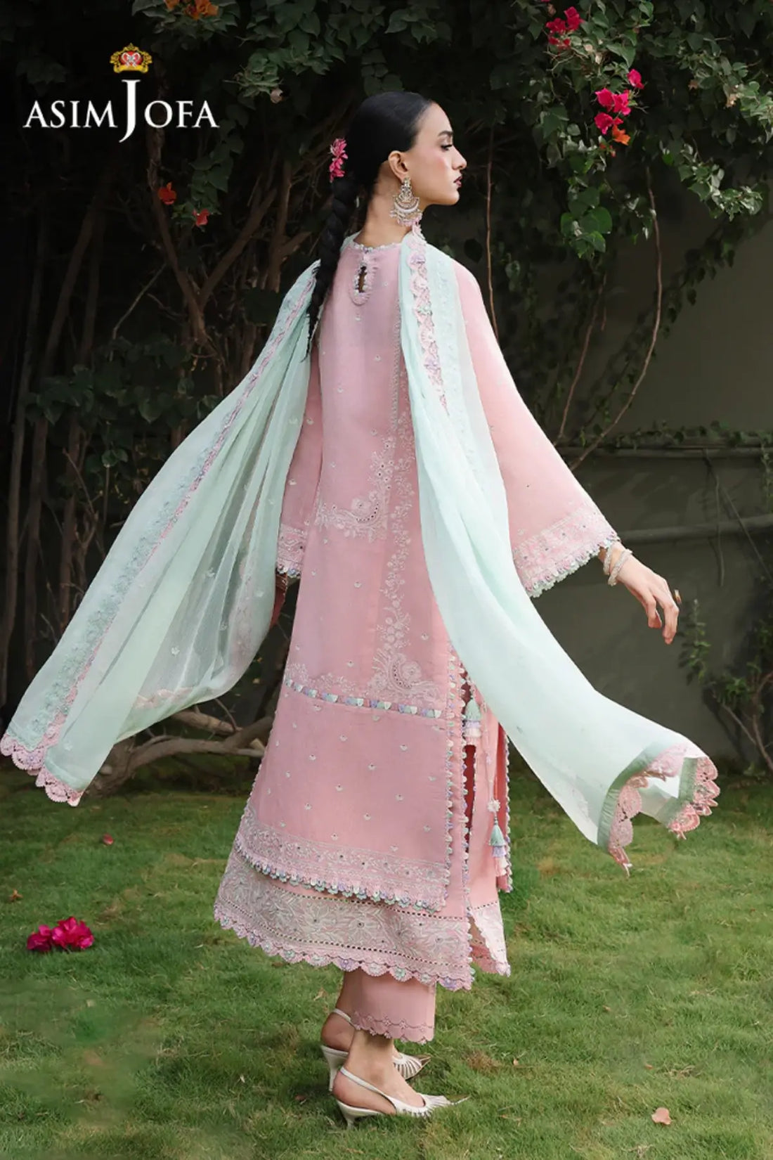 AJULC-06 Asim Jofa light peach pink paper cotton shirt, mint green chiffon dupatta and boski silk trouser