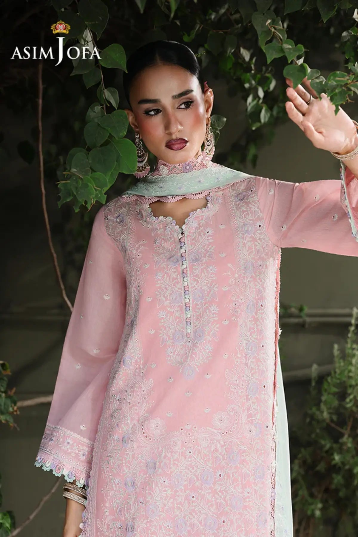 AJULC-06 Asim Jofa light peach pink paper cotton shirt, mint green chiffon dupatta and boski silk trouser
